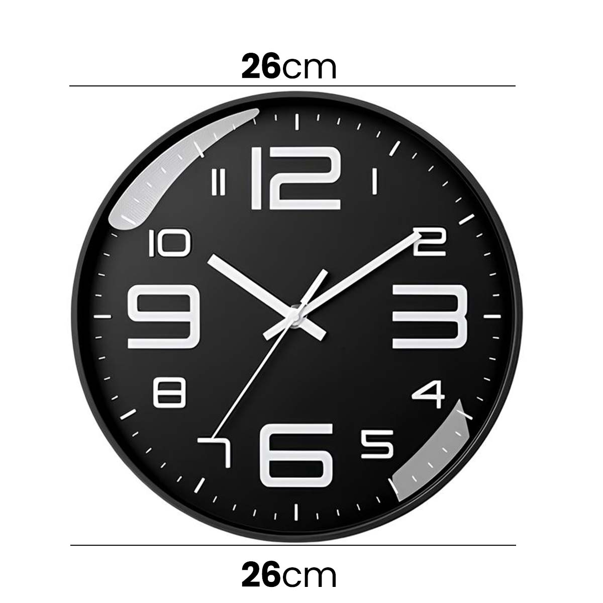 Schwarze Wanduhr mit weißen Ziffern und Zeigern, 26 cm Durchmesser.