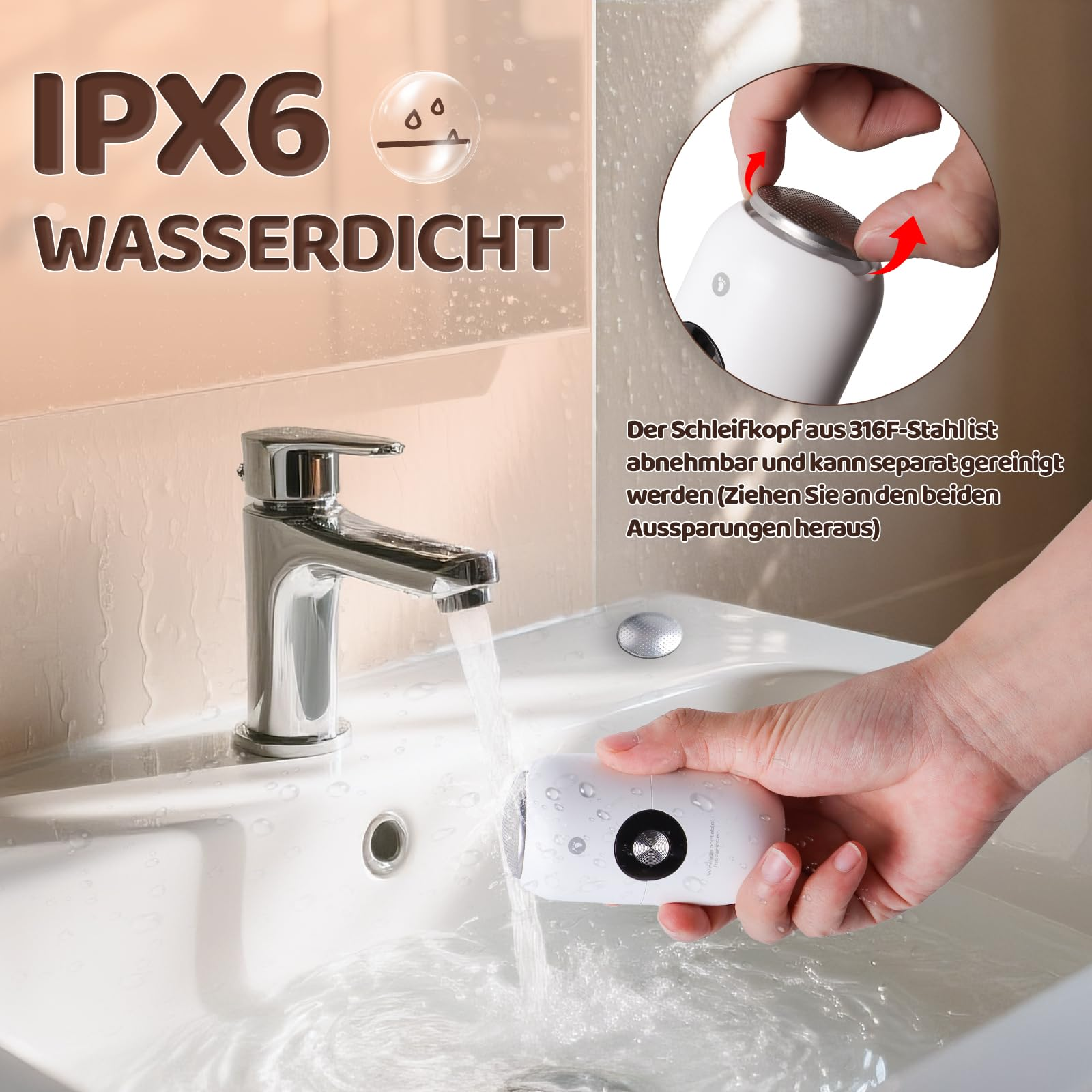 Ein weißes Gerät wird unter einem Wasserhahn im Waschbecken gehalten, IPX6 wasserdicht.