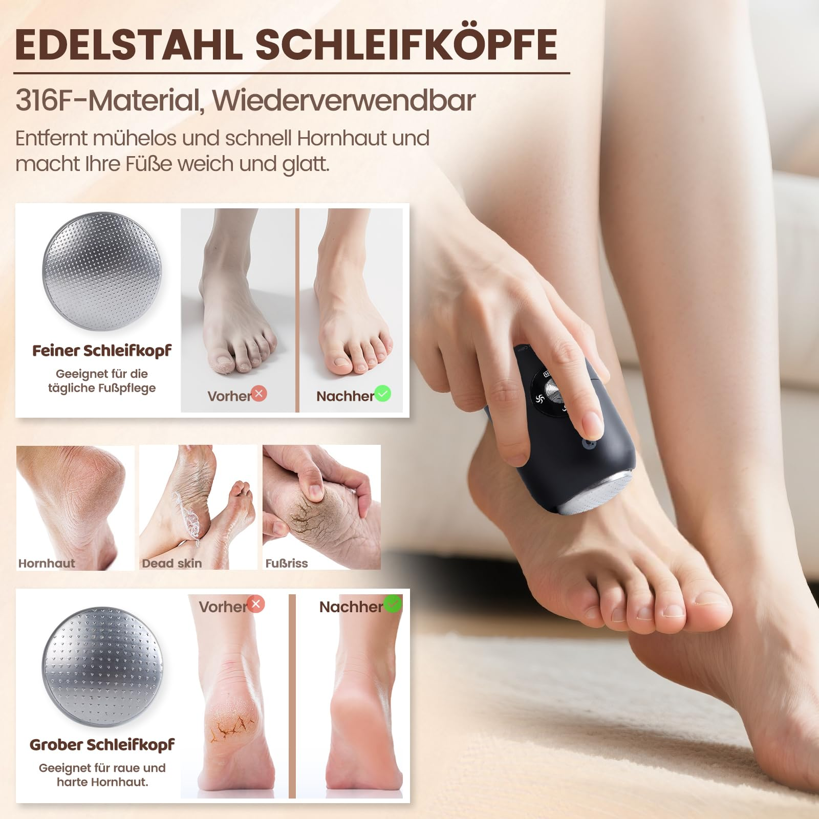 Hand benutzt elektrisches Fußpflegegerät für glatte Füße, zeigt Vorher-Nachher-Bilder.