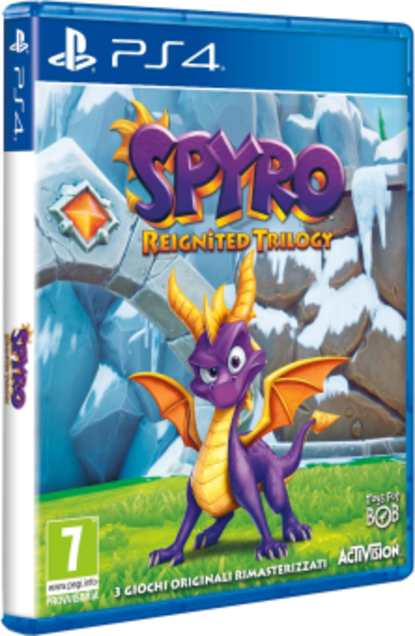 Custodia gioco PS4 Spyro Reignited Trilogy. Drago viola su sfondo montuoso ghiacciato.