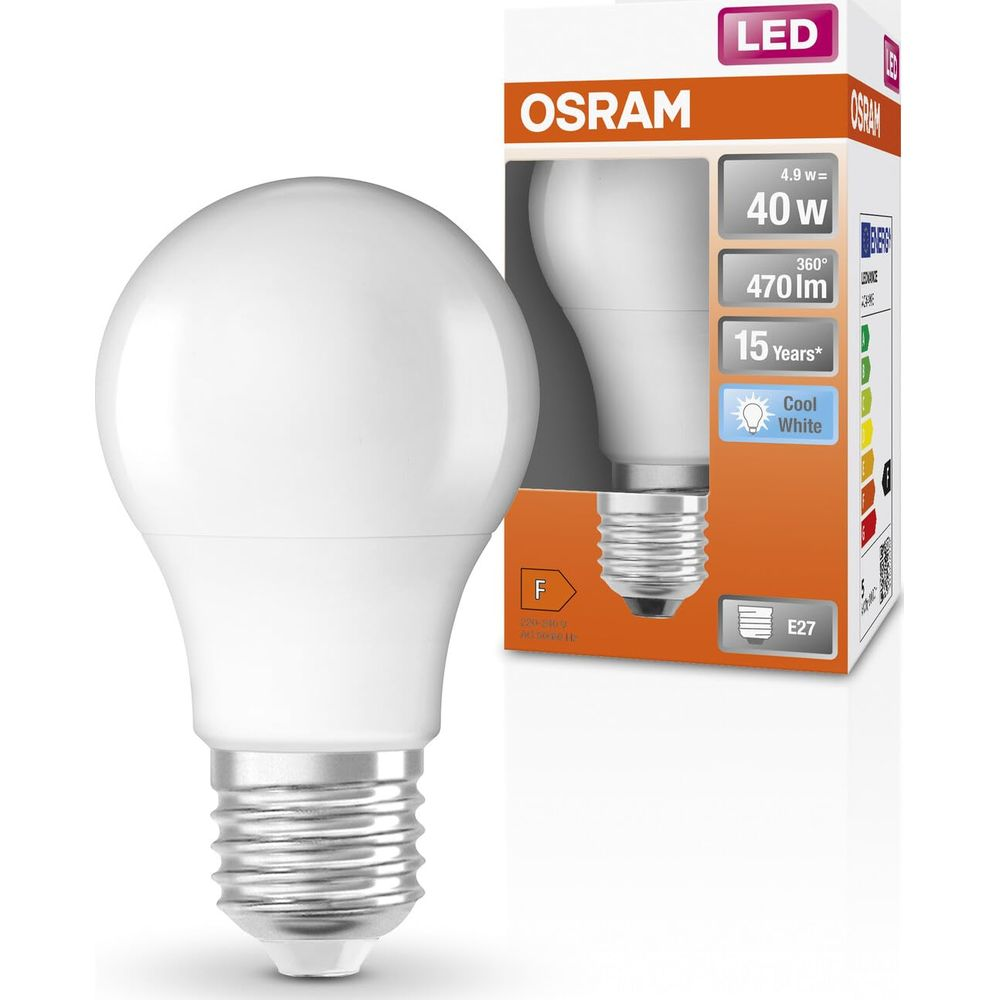 Lampadina LED Osram bianca con attacco E27 e confezione, 4,9W, 470lm.
