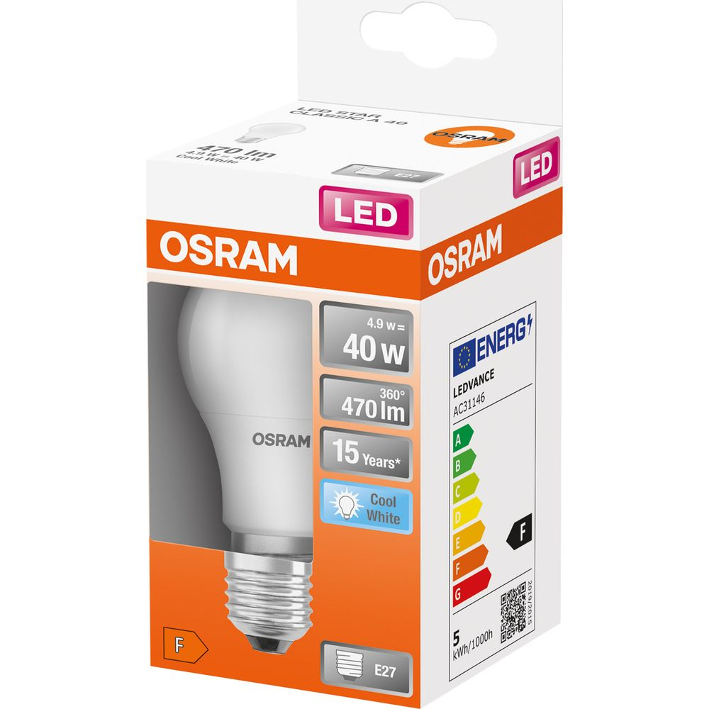 Lampadina LED Osram equivalente 40W, 470lm, Bianco Freddo, attacco E27, Efficienza F.