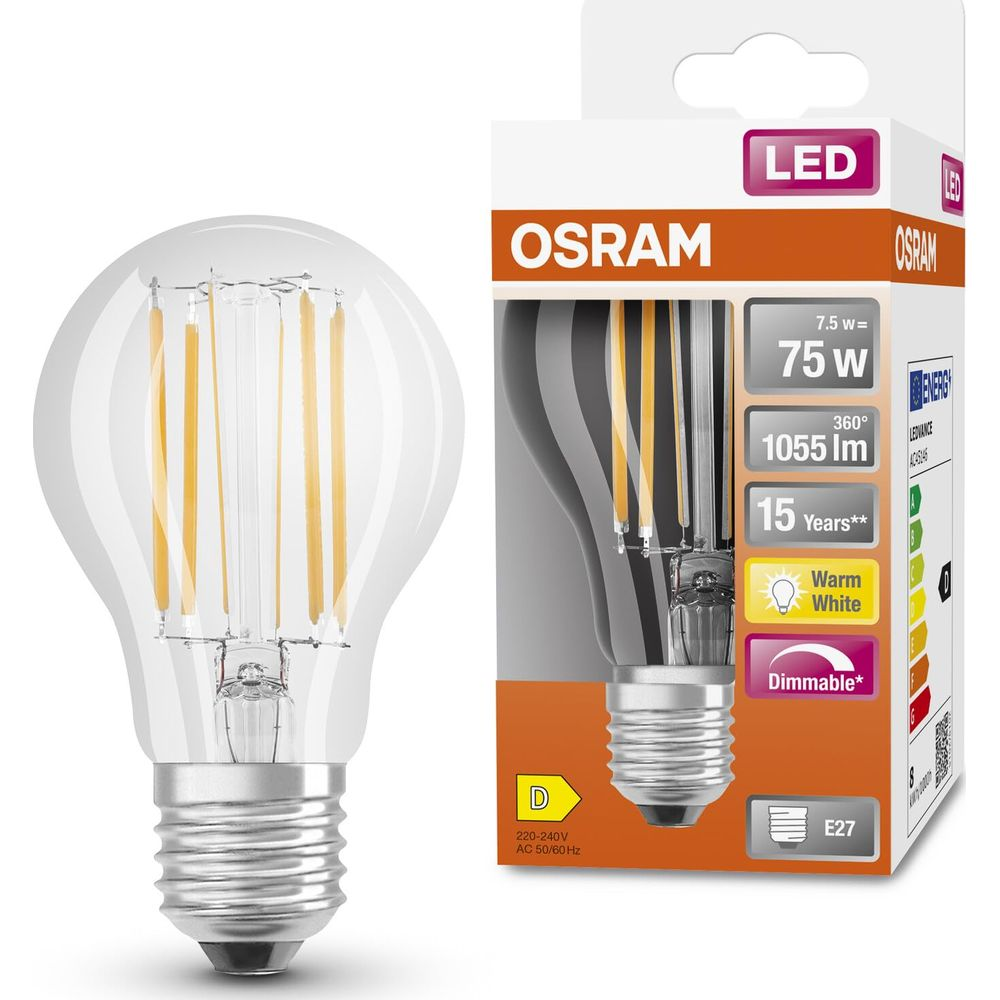 Żarówka LED Osram z gwintem E27 na opakowaniu. 7,5W, 1055lm, ciepła biel.