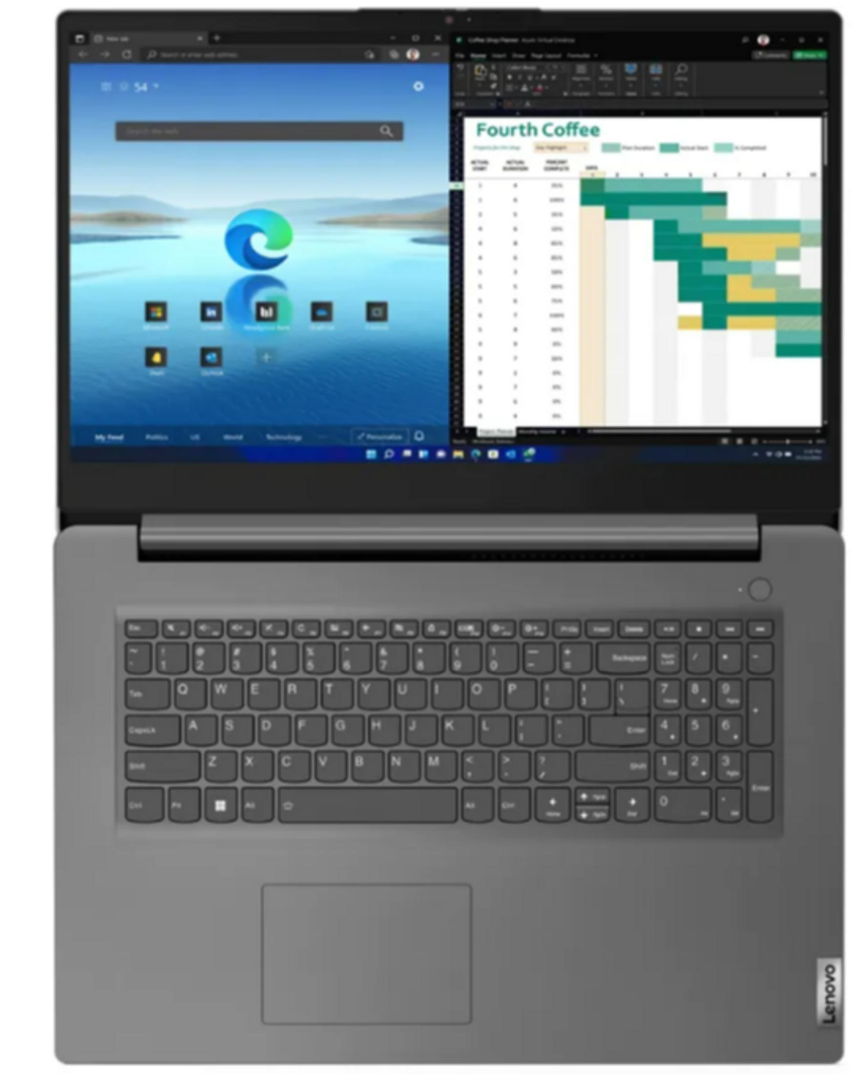 Szary laptop z dwoma otwartymi oknami. Po lewej tapeta, po prawej wykres Gantta.