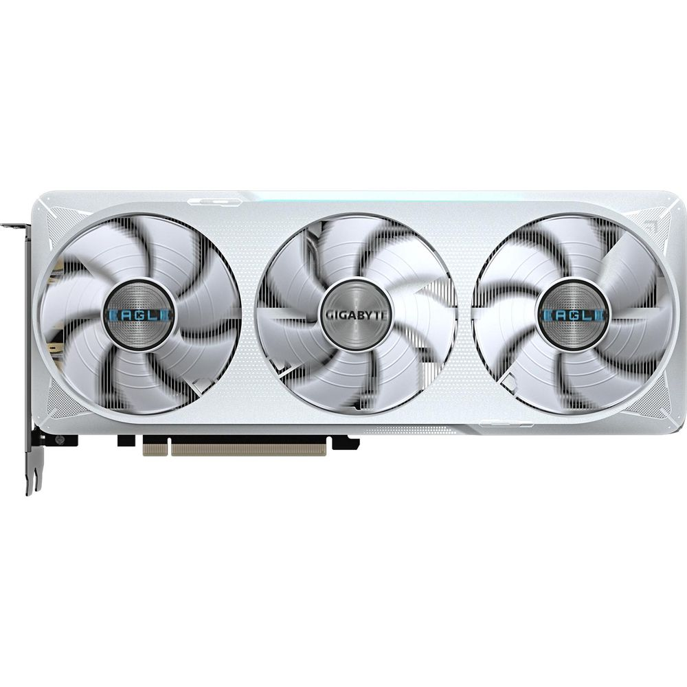 Biała karta graficzna z trzema wentylatorami i srebrnymi łopatkami.