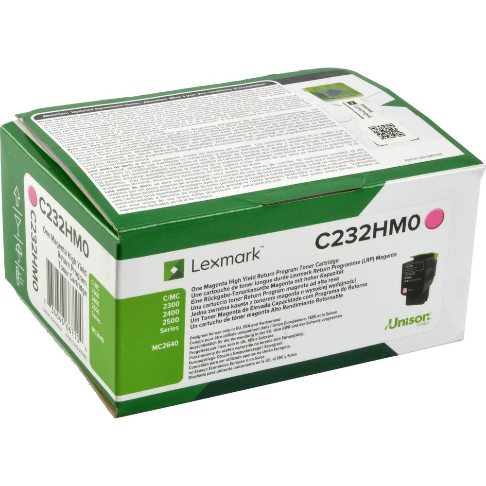 Toner Lexmark C232HMO Magenta na zielonym pudełku z informacjami o produkcie.