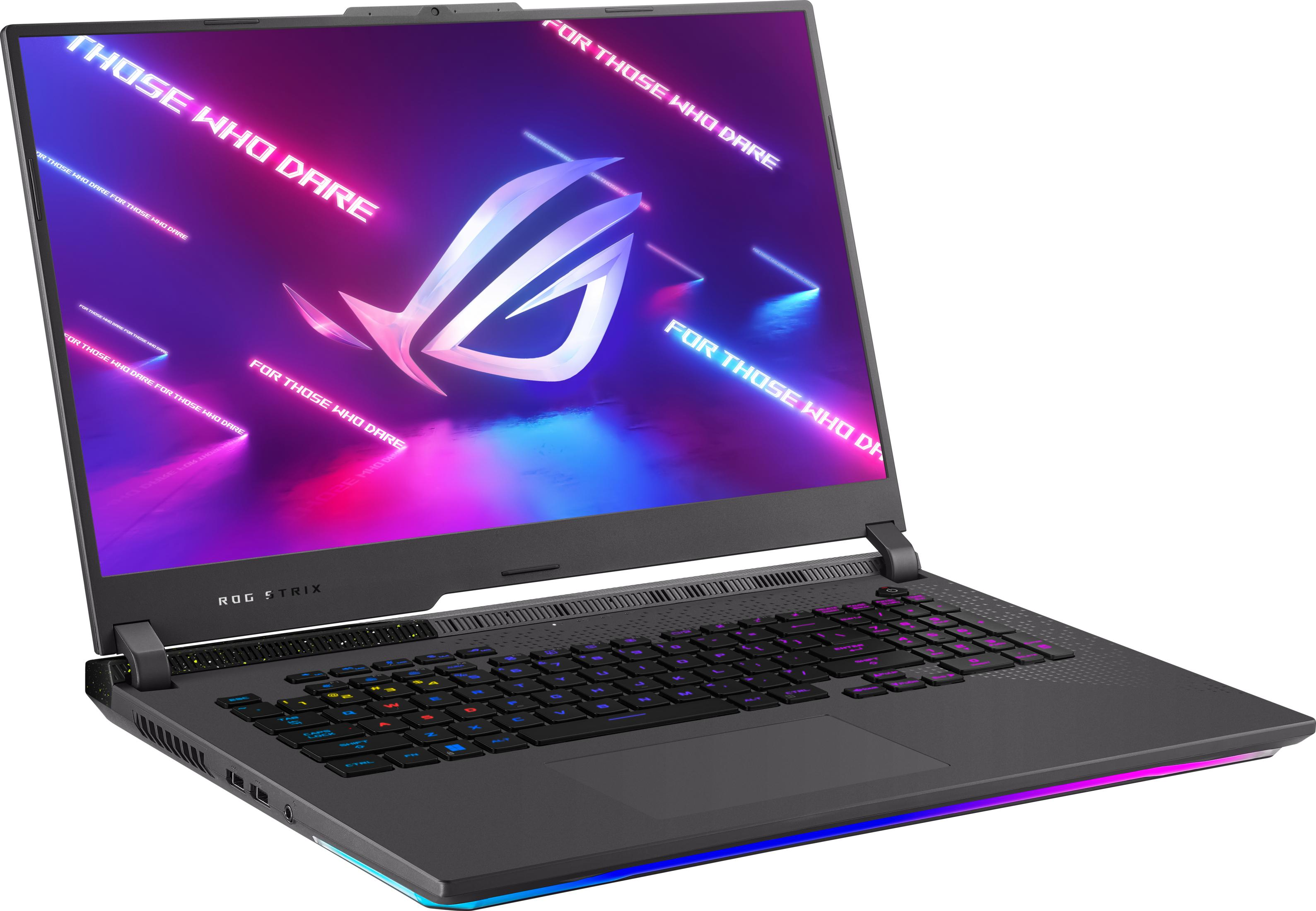 Szary laptop gamingowy z podświetlaną klawiaturą i logo ROG.