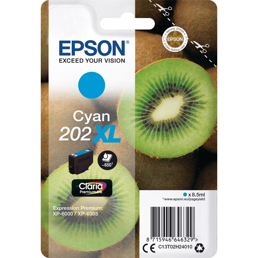 Tusz Epson Cyan 202XL z połówką kiwi i kodem kreskowym.