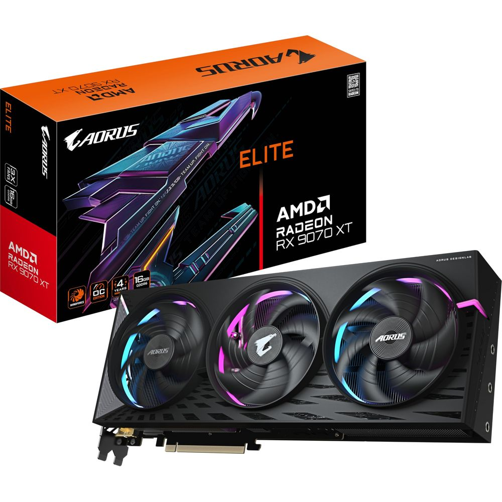 Karta graficzna AMD Radeon RX 9070 XT z trzema wentylatorami i pudełkiem.
