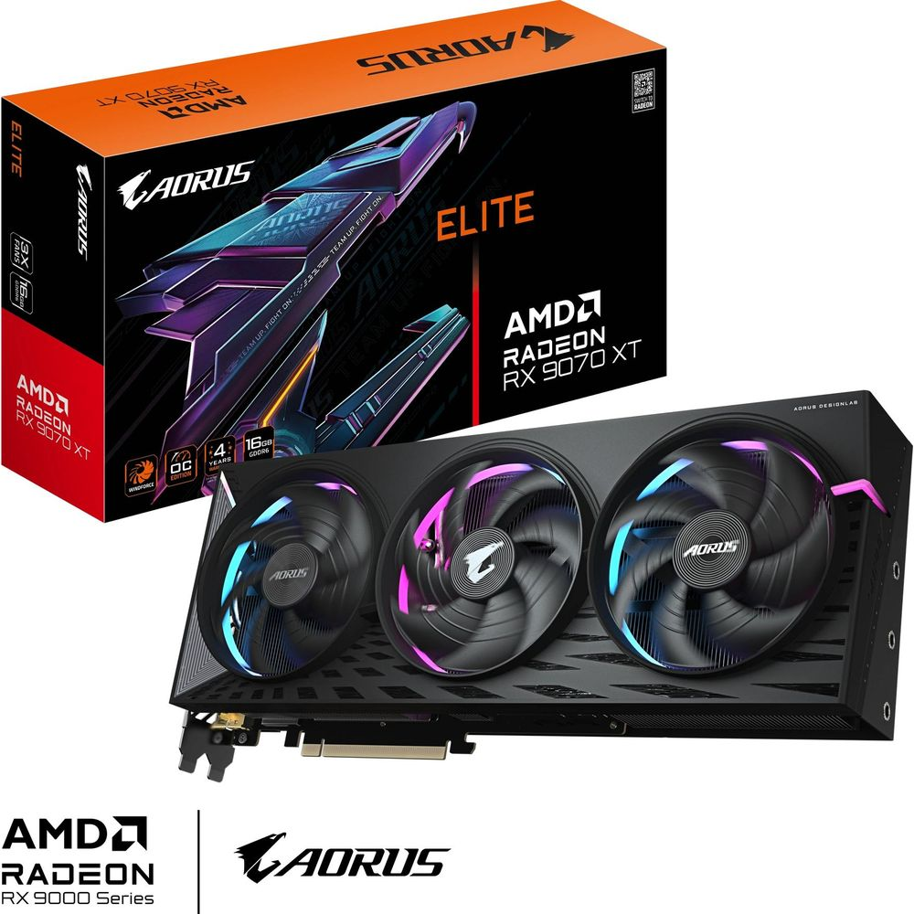 Karta graficzna AORUS Radeon RX 9070 XT z trzema wentylatorami i opakowaniem.