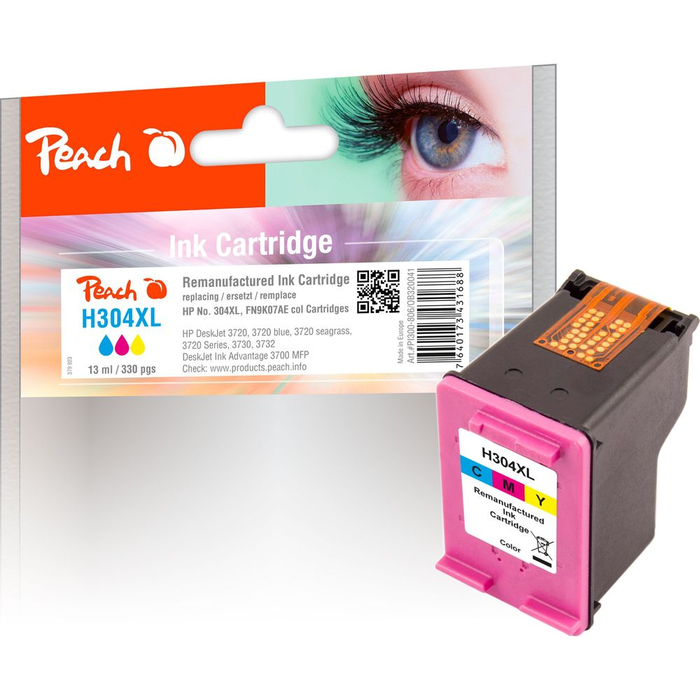Cartuccia d'inchiostro a colori Peach H304XL e confezione con occhio. Ciano, Magenta, Giallo.