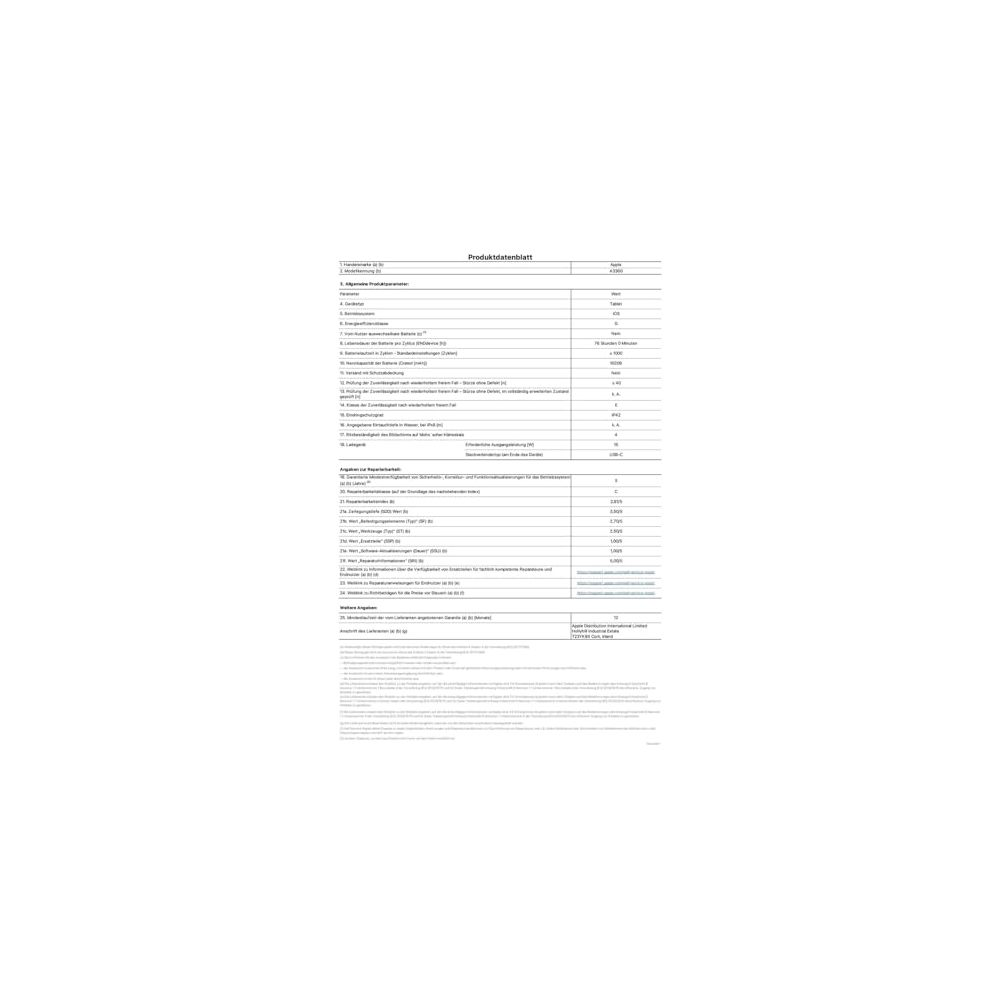 Produktdatenblatt mit technischen Spezifikationen und Angaben.