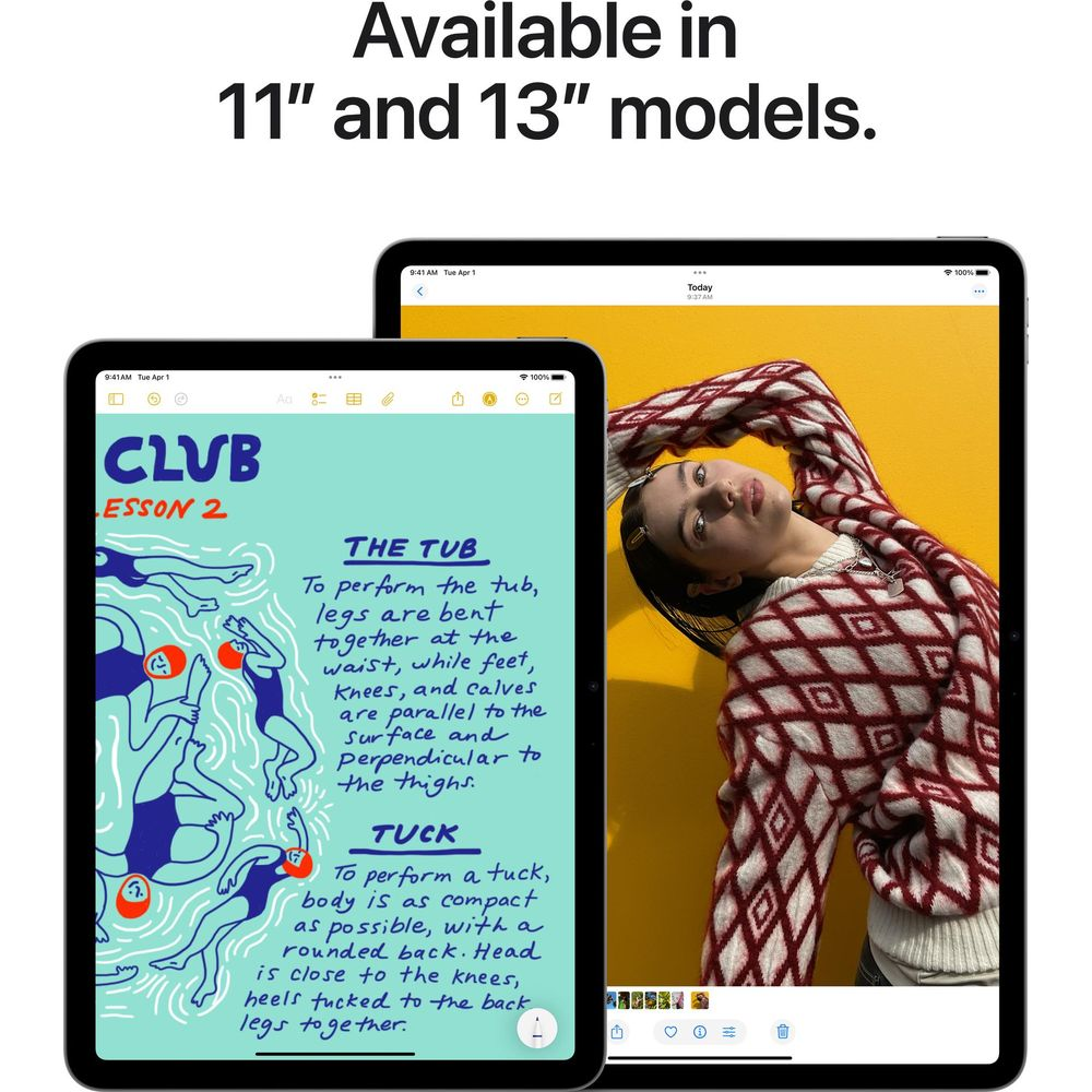 Dwa iPady pokazują ruchy taneczne po lewej i modelkę po prawej.