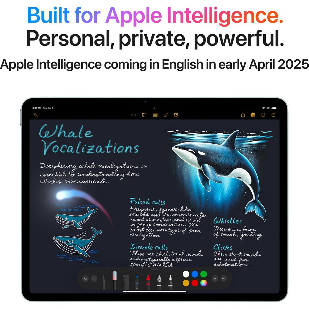 Orka pływa pod wodą, obok wyjaśniono wokalizacje wielorybów.