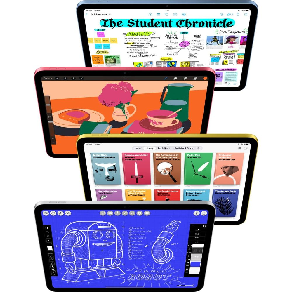 Quattro tablet con schermi colorati che mostrano copertine di libri, arte e un robot.