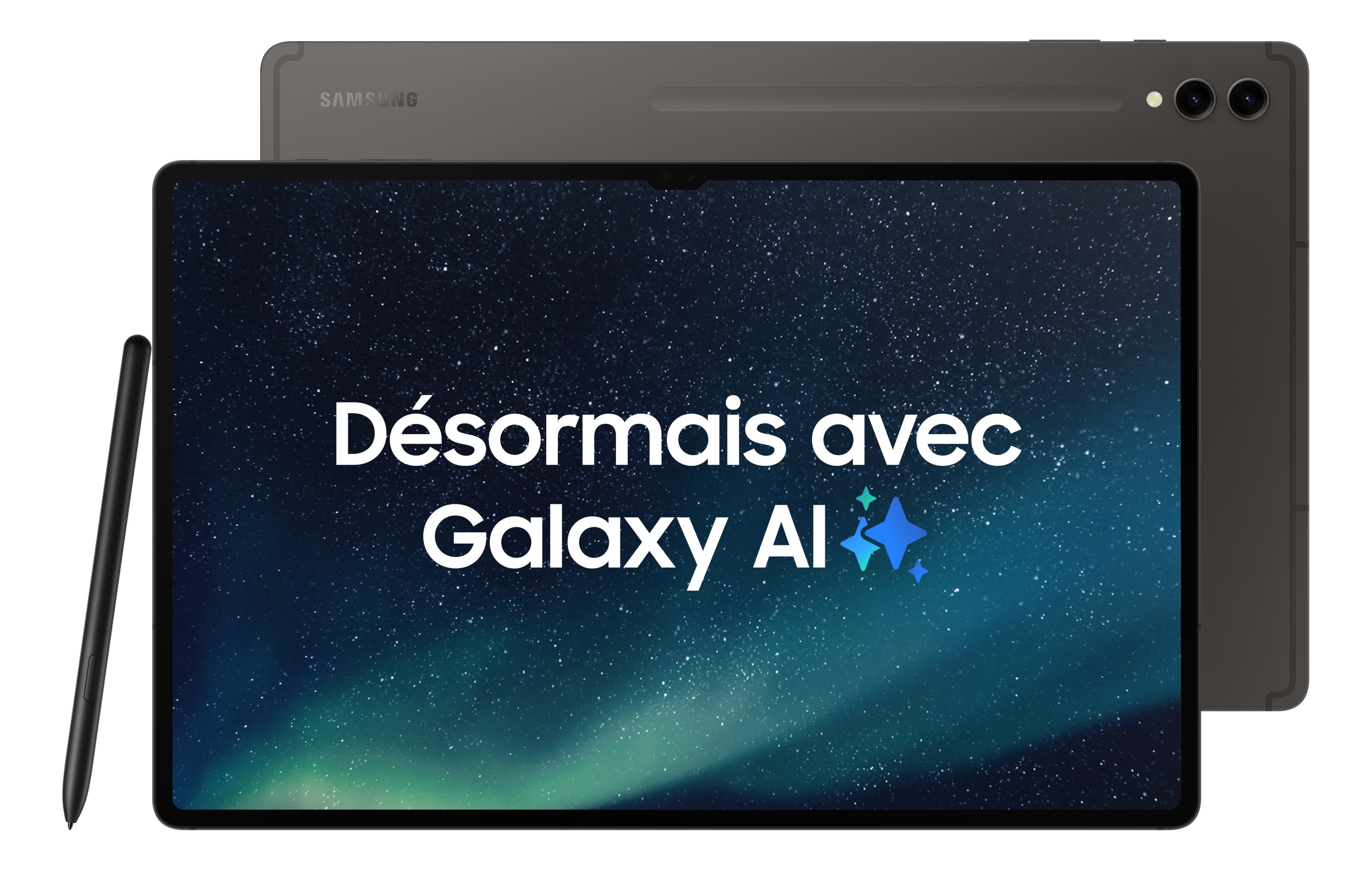 Een grijze Samsung tablet met stylus, die Galaxy AI toont.