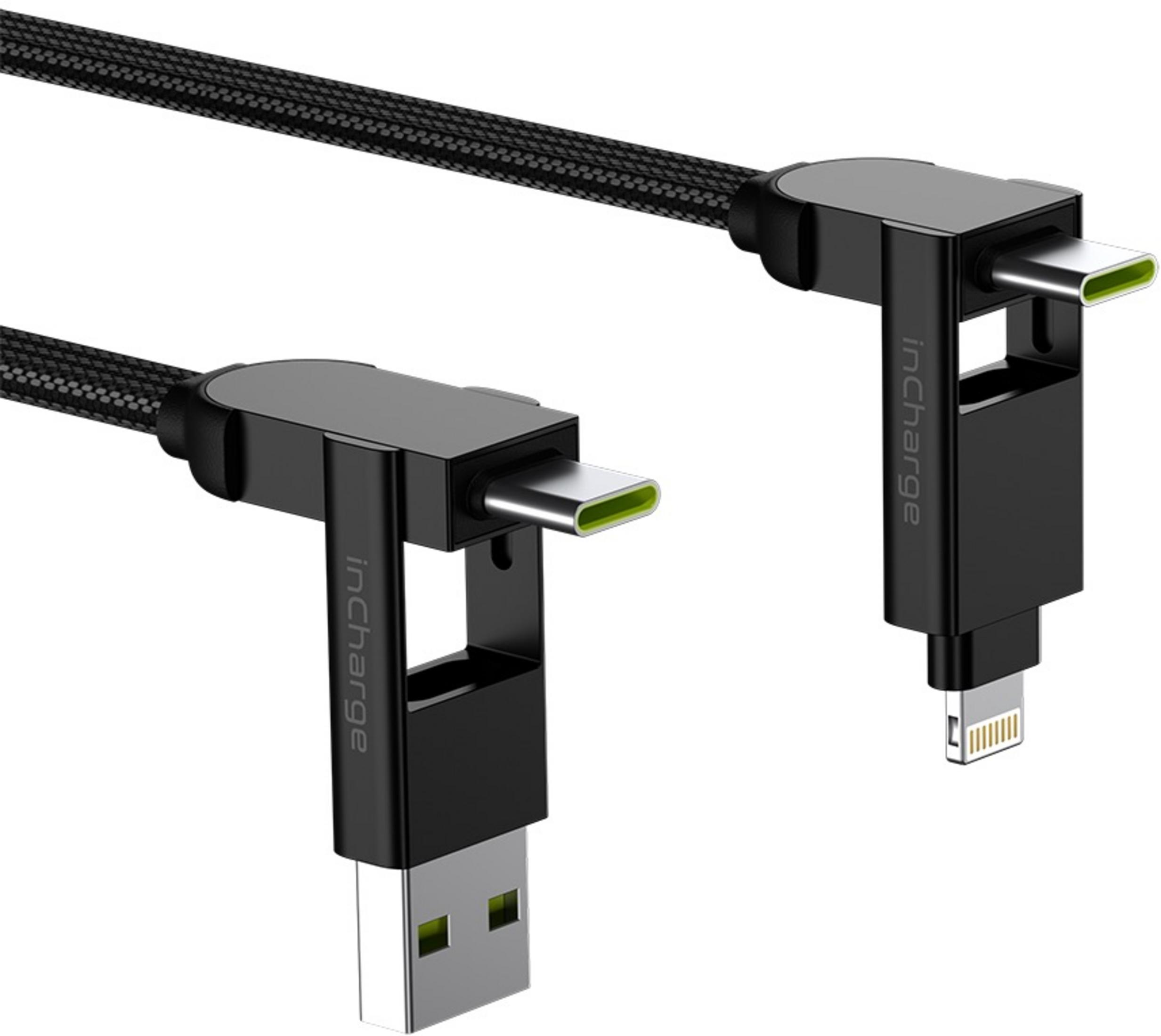 Zwarte gevlochten kabel met USB-A en USB-C naar Lightning stekkers.