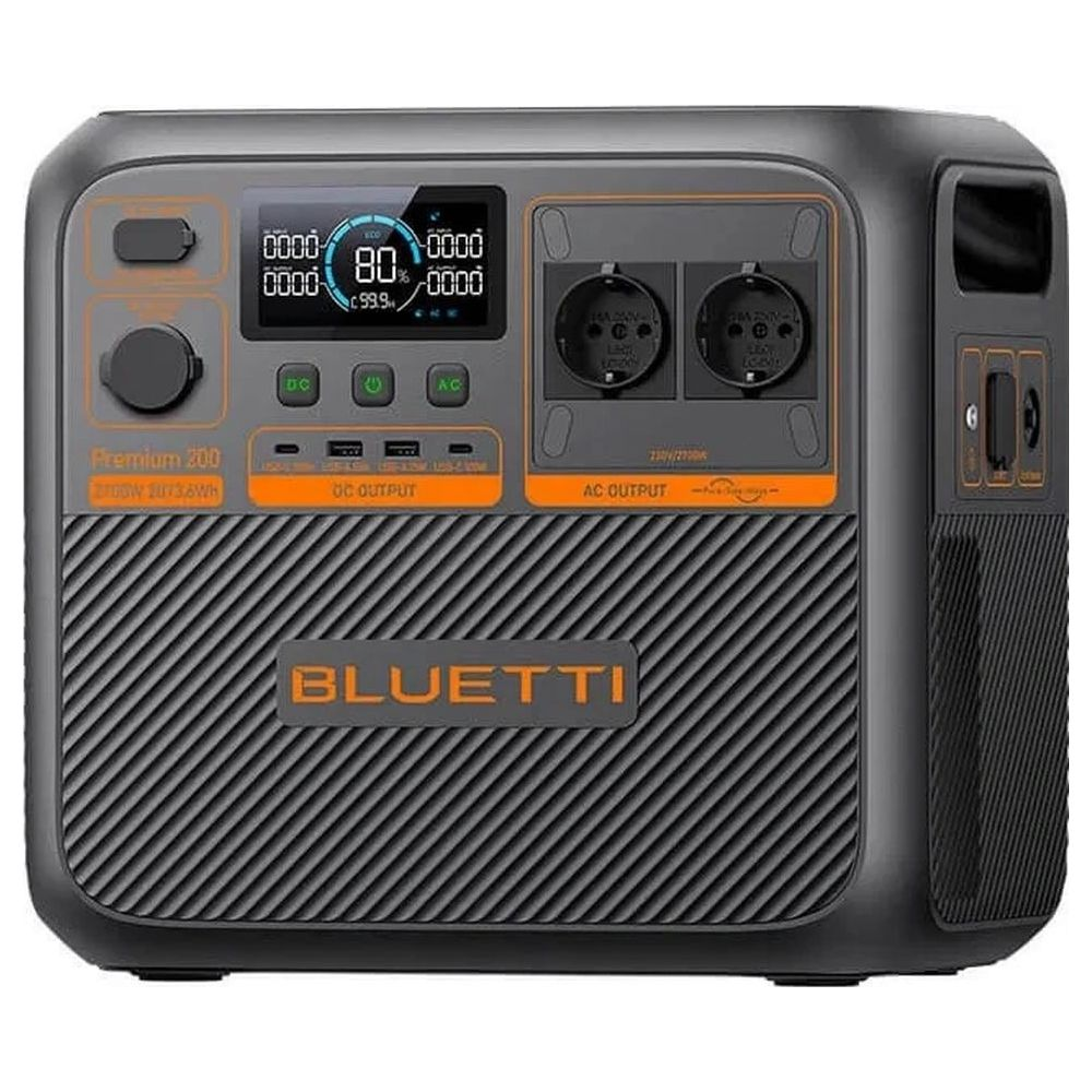 Szara elektrownia BLUETTI Premium 200 z cyfrowym wyświetlaczem, pokrętłami i gniazdkami.