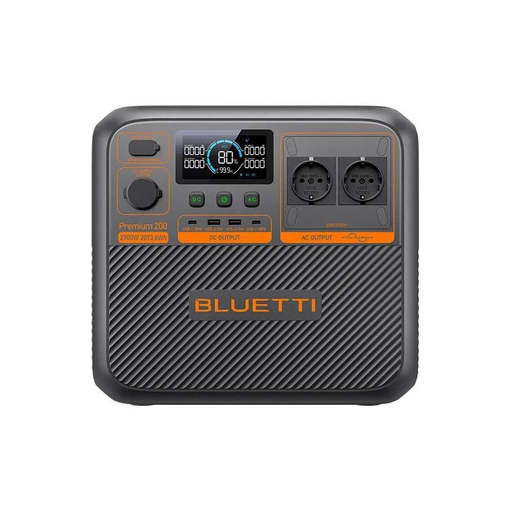 Czarna stacja zasilania Bluetti z ekranem, portami i nazwą marki.