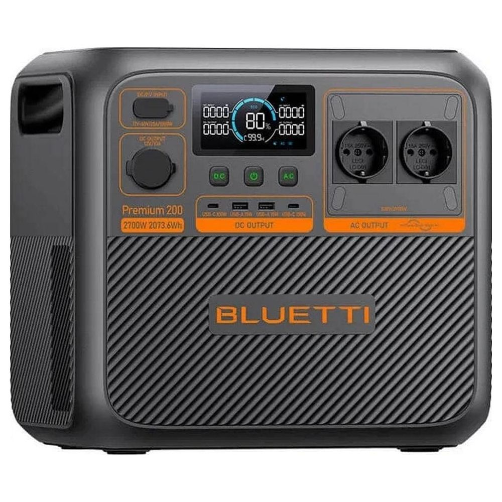 Czarna stacja zasilania BLUETTI Premium 200 z wyświetlaczem i portami.