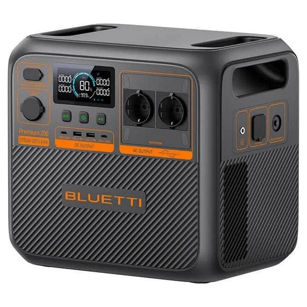 Czarna przenośna stacja zasilania Bluetti z cyfrowym wyświetlaczem i wieloma gniazdami.