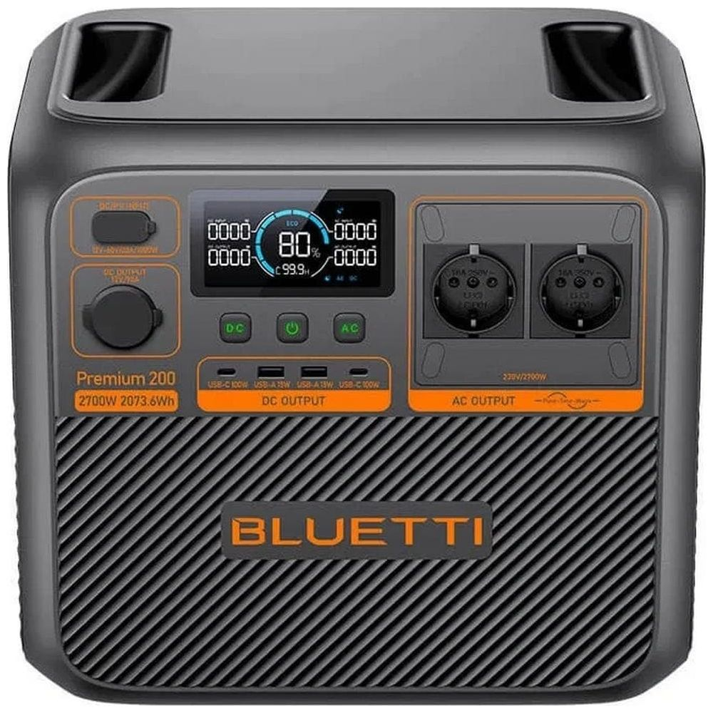 Szara przenośna stacja zasilania Bluetti Premium 200 z cyfrowym wyświetlaczem pokazującym 80% baterii.