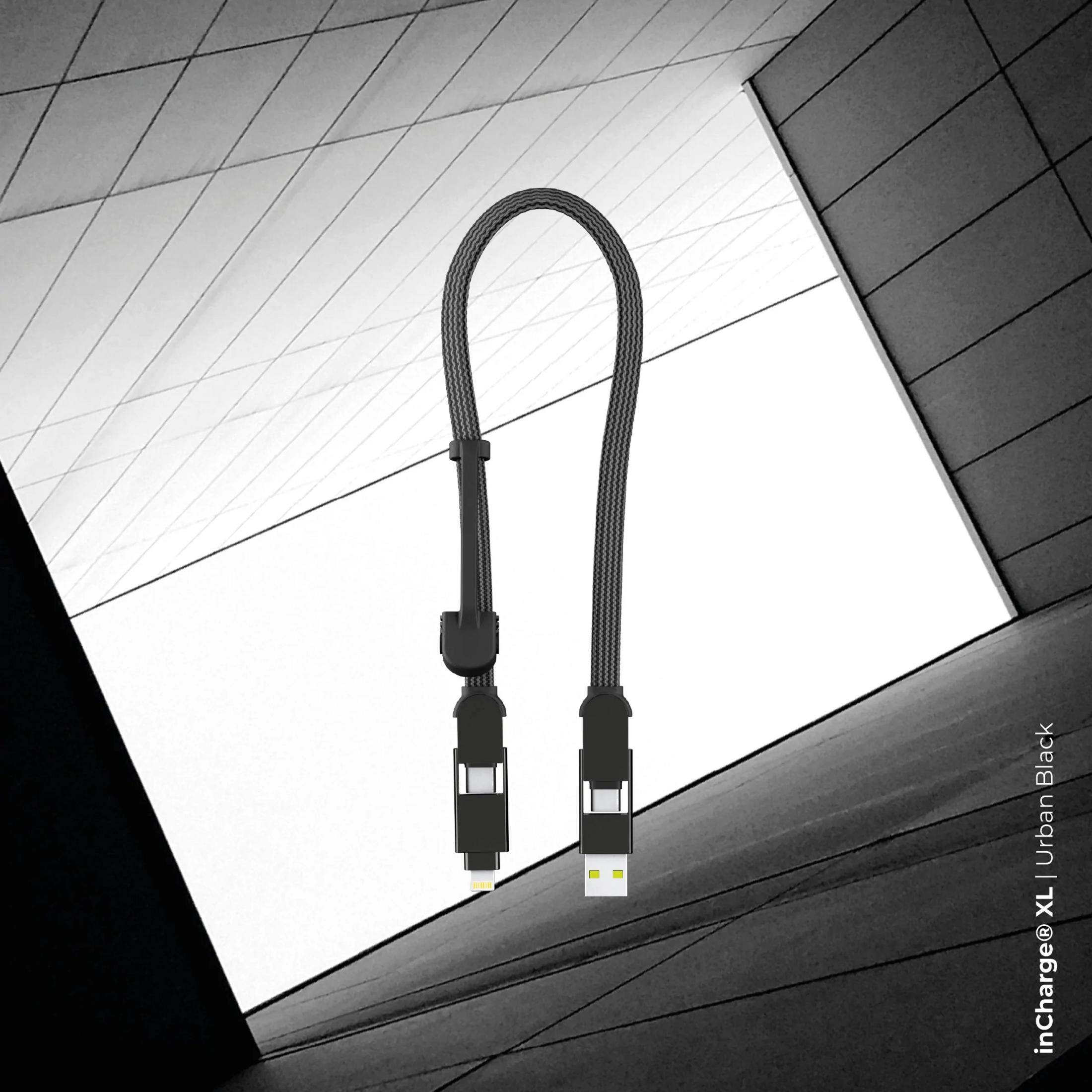 Câble de chargement noir avec connecteur USB-C et Lightning devant une architecture moderne.