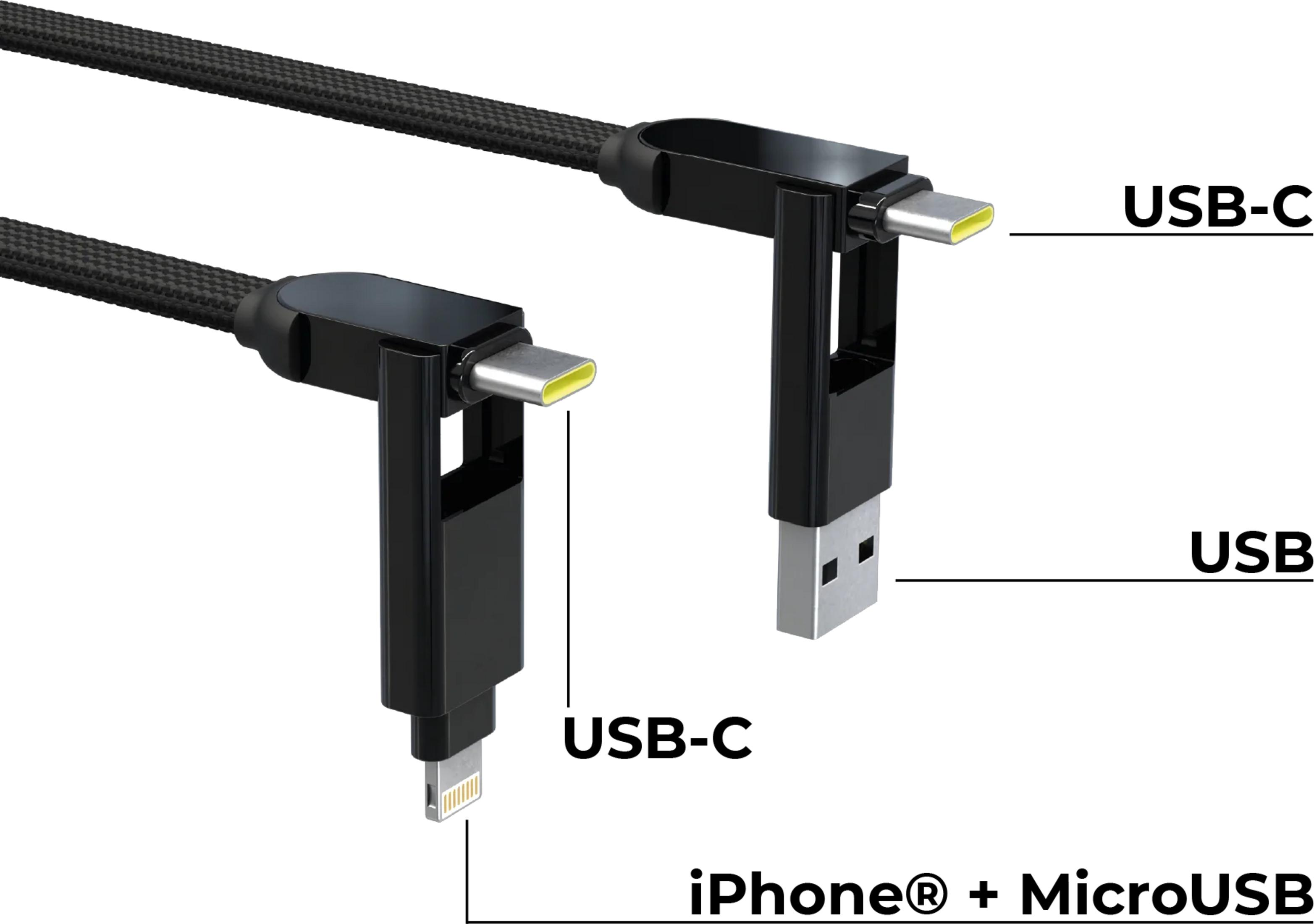 Deux câbles noirs avec connecteurs USB-C, USB-A et Lightning.