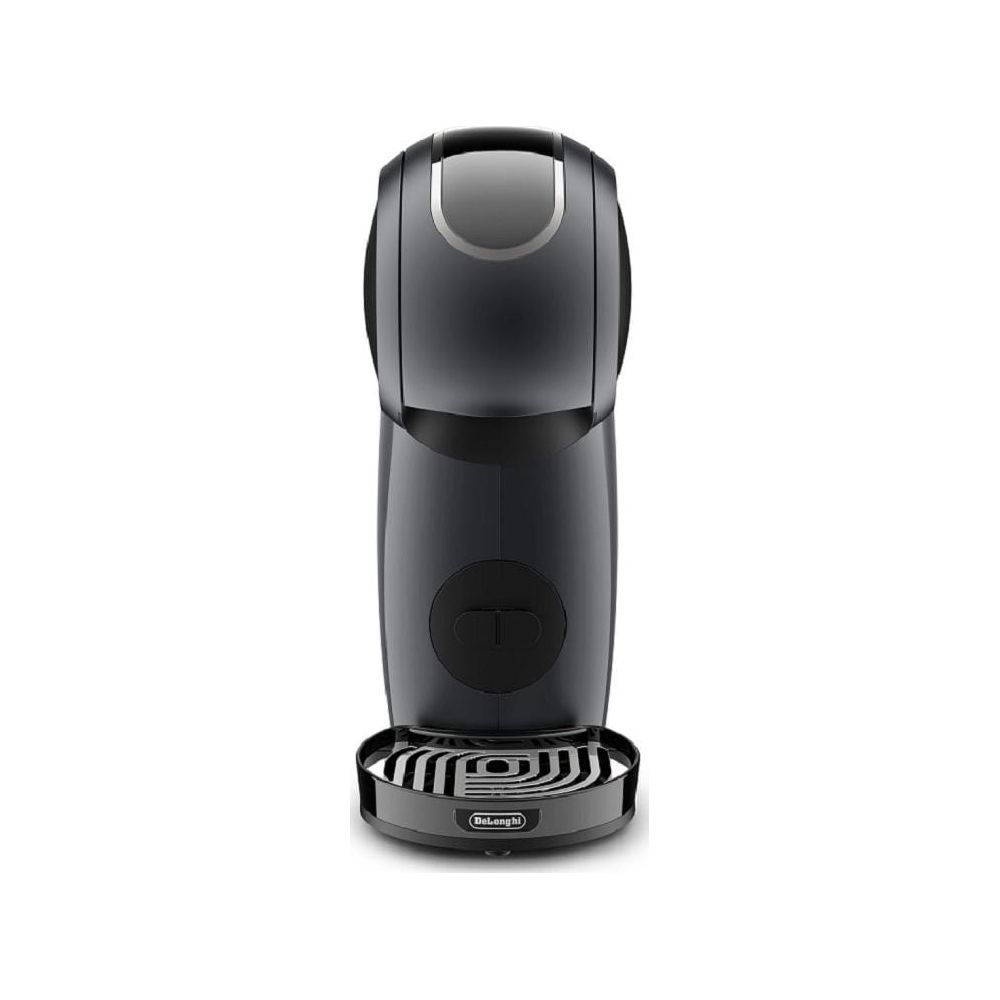 Czarna maszyna do kawy z srebrną górną częścią i srebrną tacką ociekową.