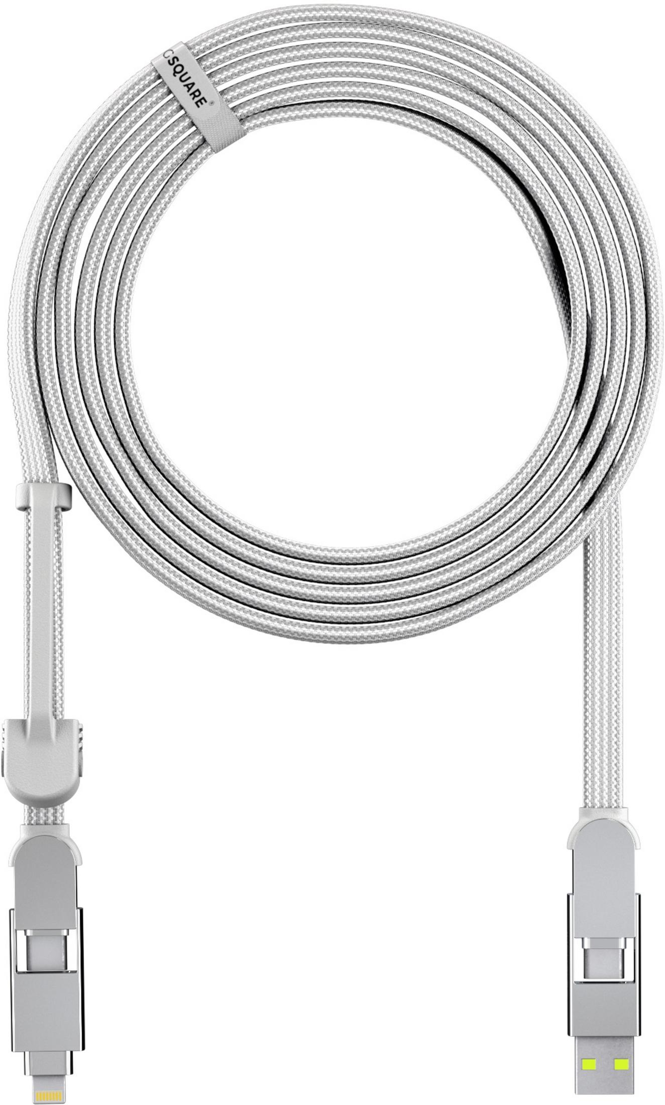 Un câble de chargement blanc avec connecteurs Lightning et USB, enroulé.