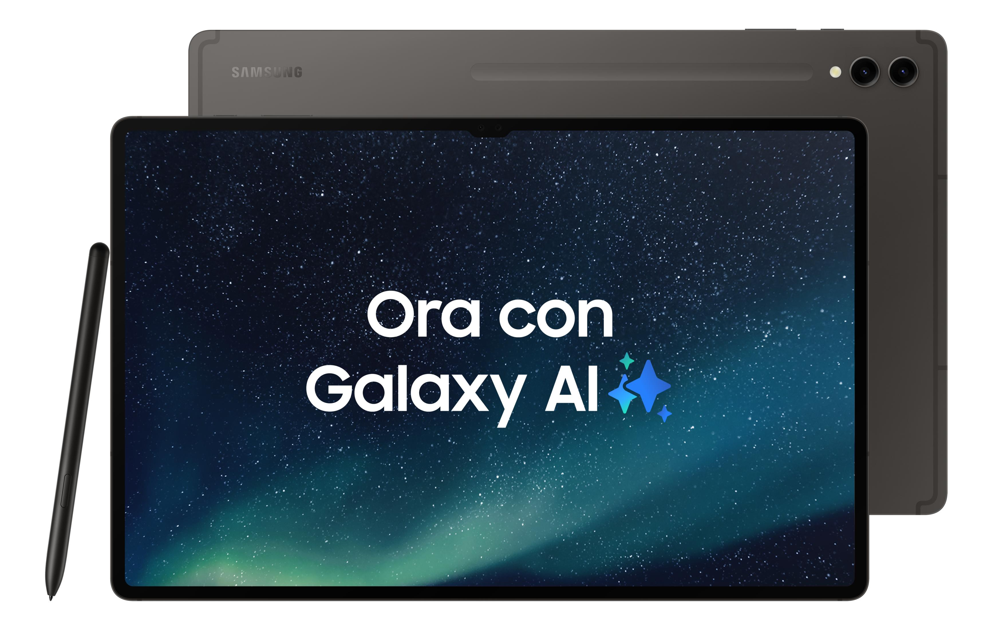 Een grijze Samsung tablet met stylus tegen een sterrenhemel-achtergrond.