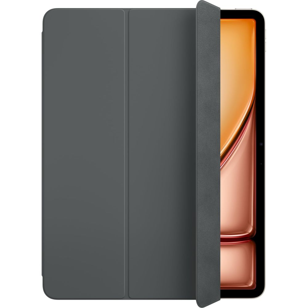 Szara okładka na tablet z otwartą klapką, ukazującą tablet z pomarańczowym ekranem.