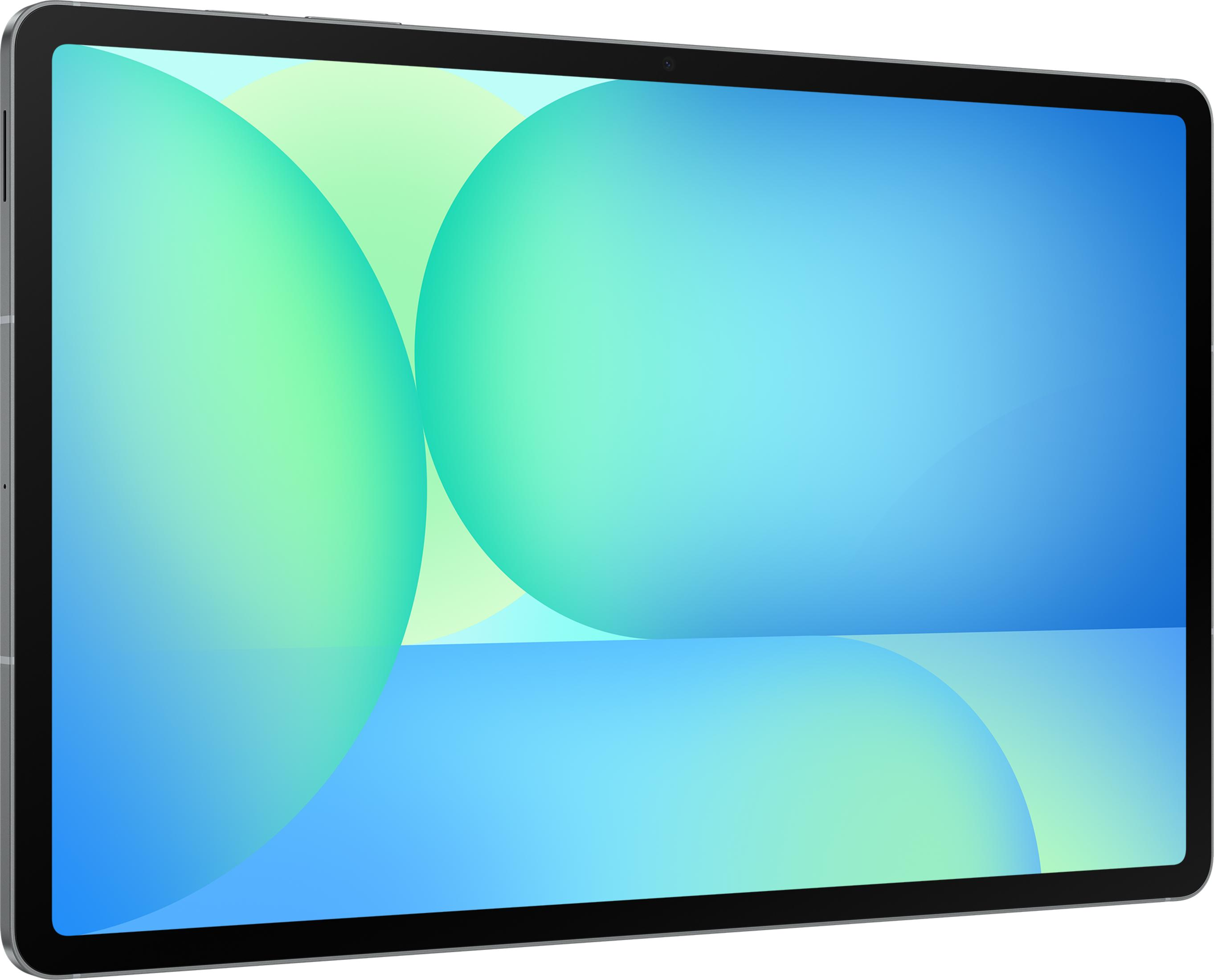 Een grijze tablet met een blauw en groen achtergrondbeeld met cirkels.