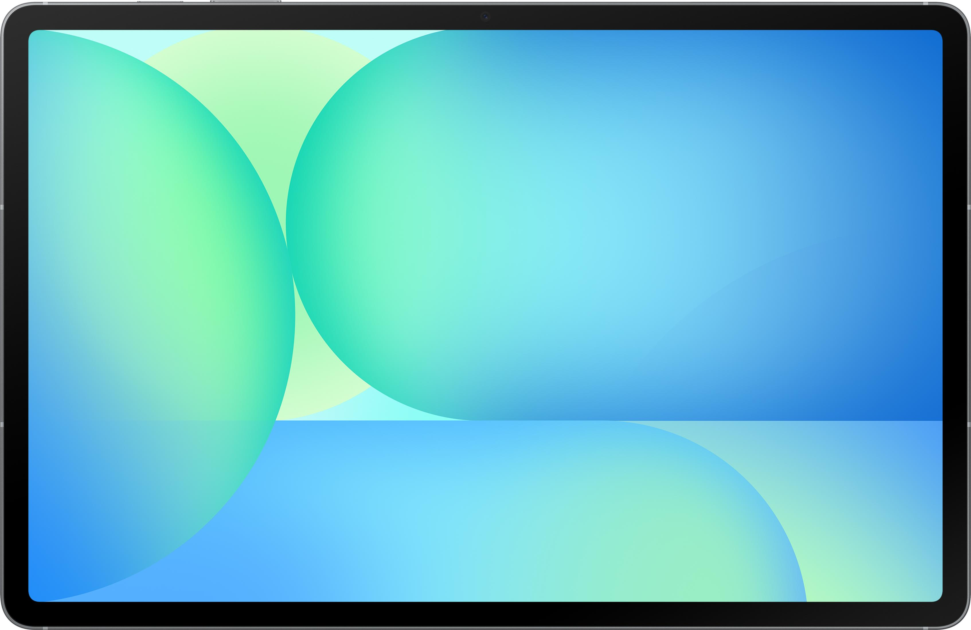 Een tablet met een blauwe en groene achtergrond met cirkels.