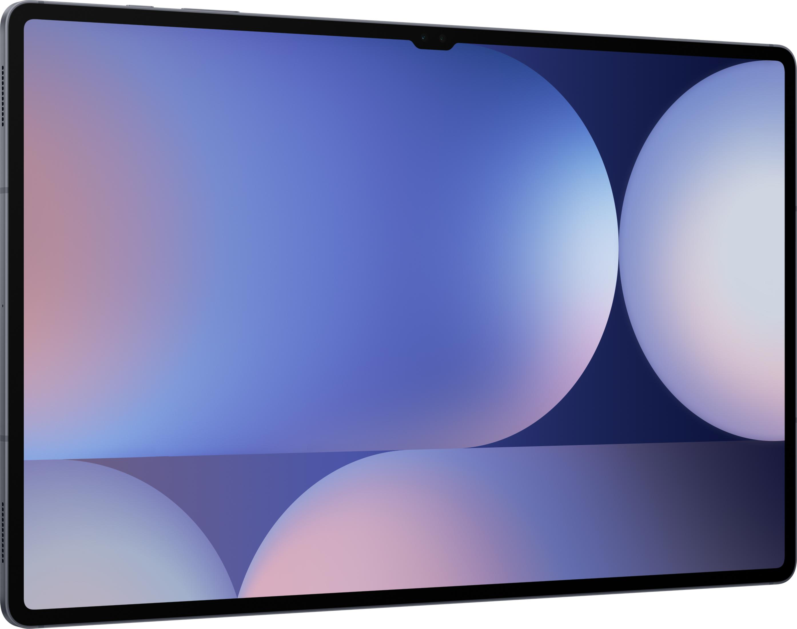 Tablet z abstrakcyjną tapetą w kolorach niebieskim i różowym.