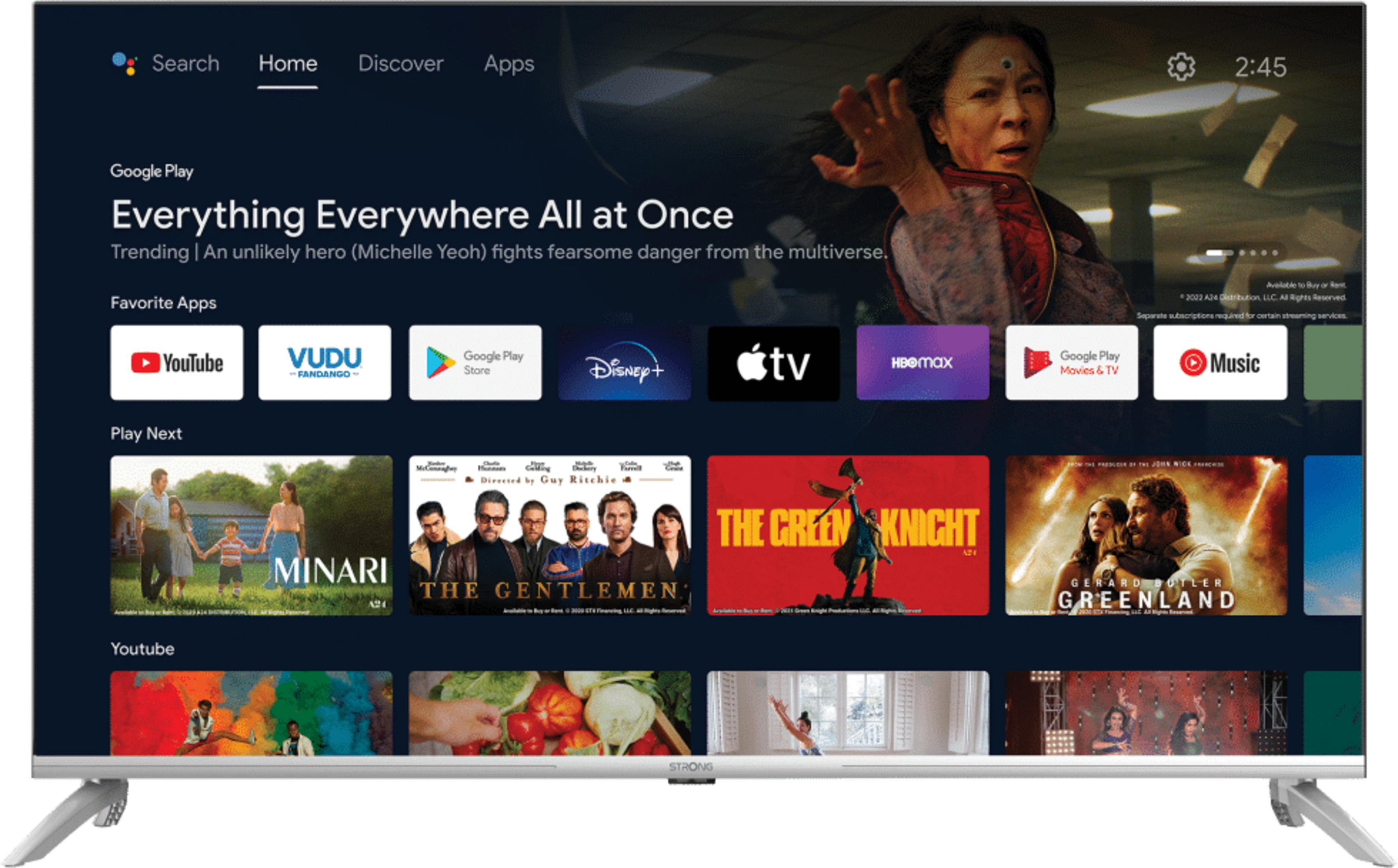 Pantalla de inicio de Smart TV con películas, apps y opciones de búsqueda.