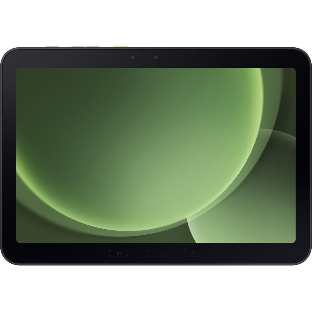 Un tablet nero con sfondo astratto verde e fotocamere in alto.