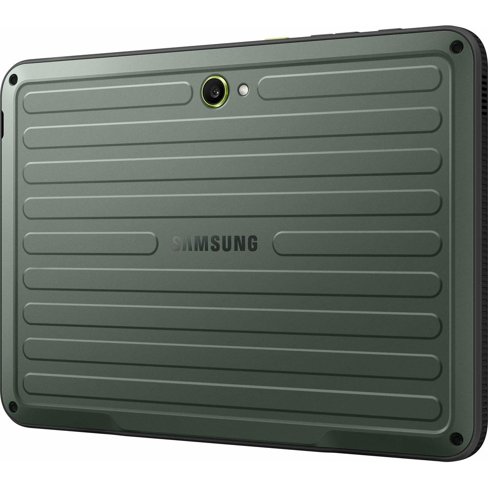 Vista posteriore di un tablet Samsung verde scuro con texture a coste e obiettivo.