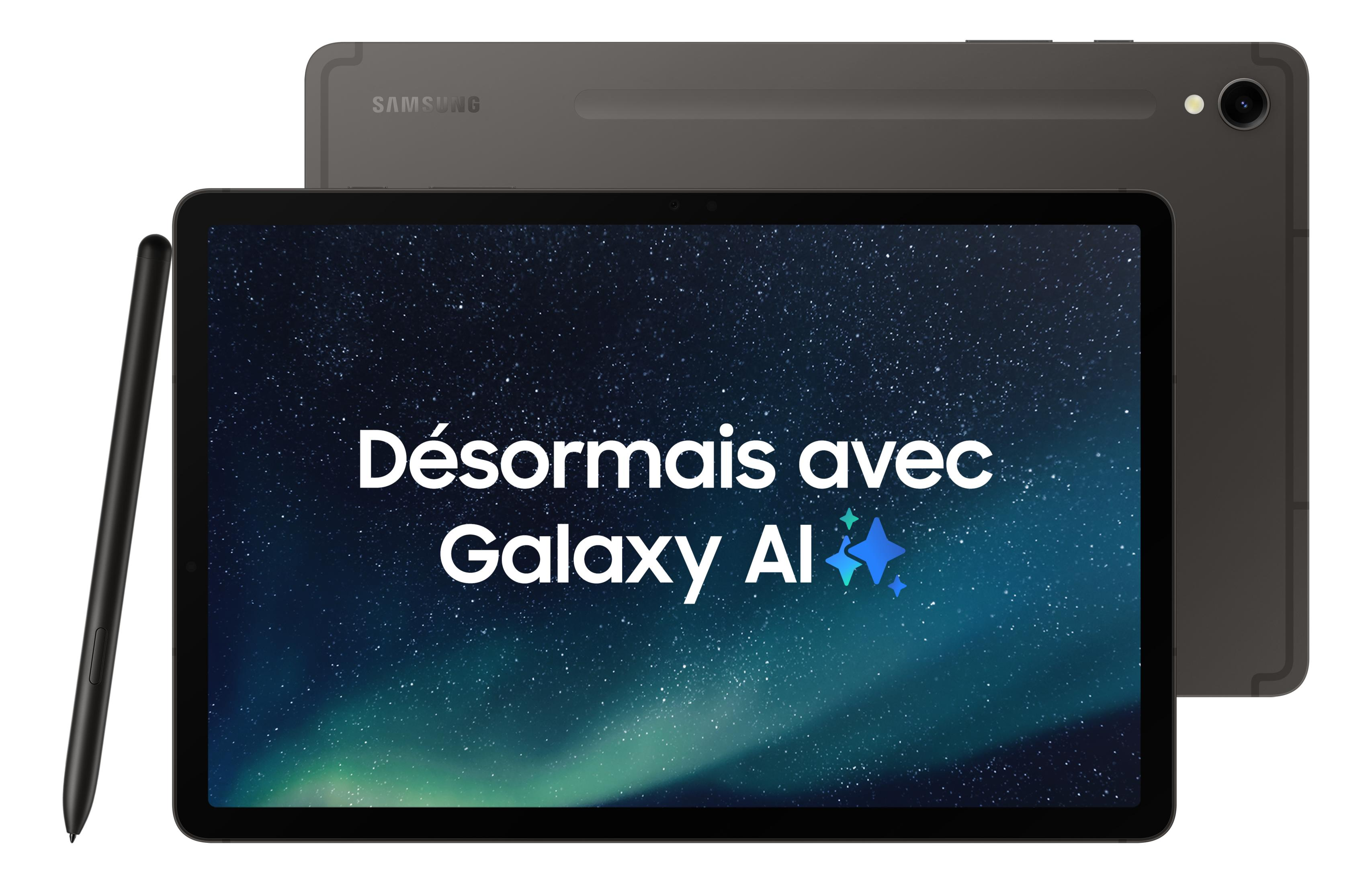 Ciemnoszare tablet Samsung z rysikiem. Ekran pokazuje gwiaździste niebo i tekst.