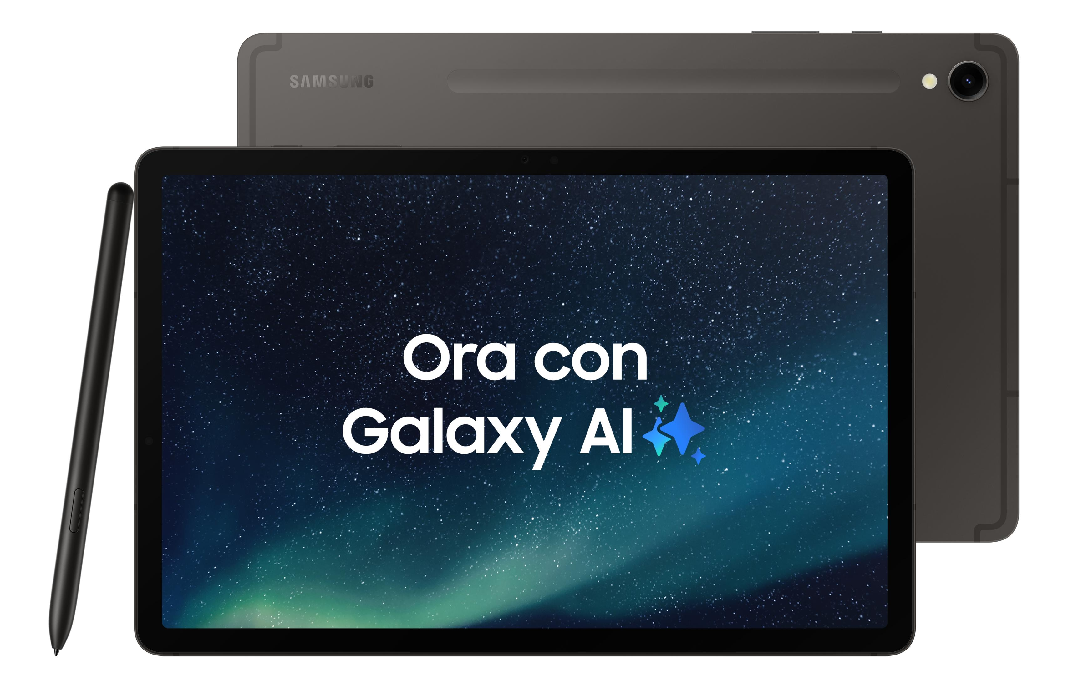 Szary tablet Samsung ze stylusem, wyświetlający napis „Ora con Galaxy AI”.