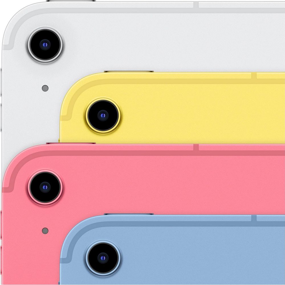 Quattro iPad impilati: bianco, giallo, rosa e blu. Ognuno mostra una lente.