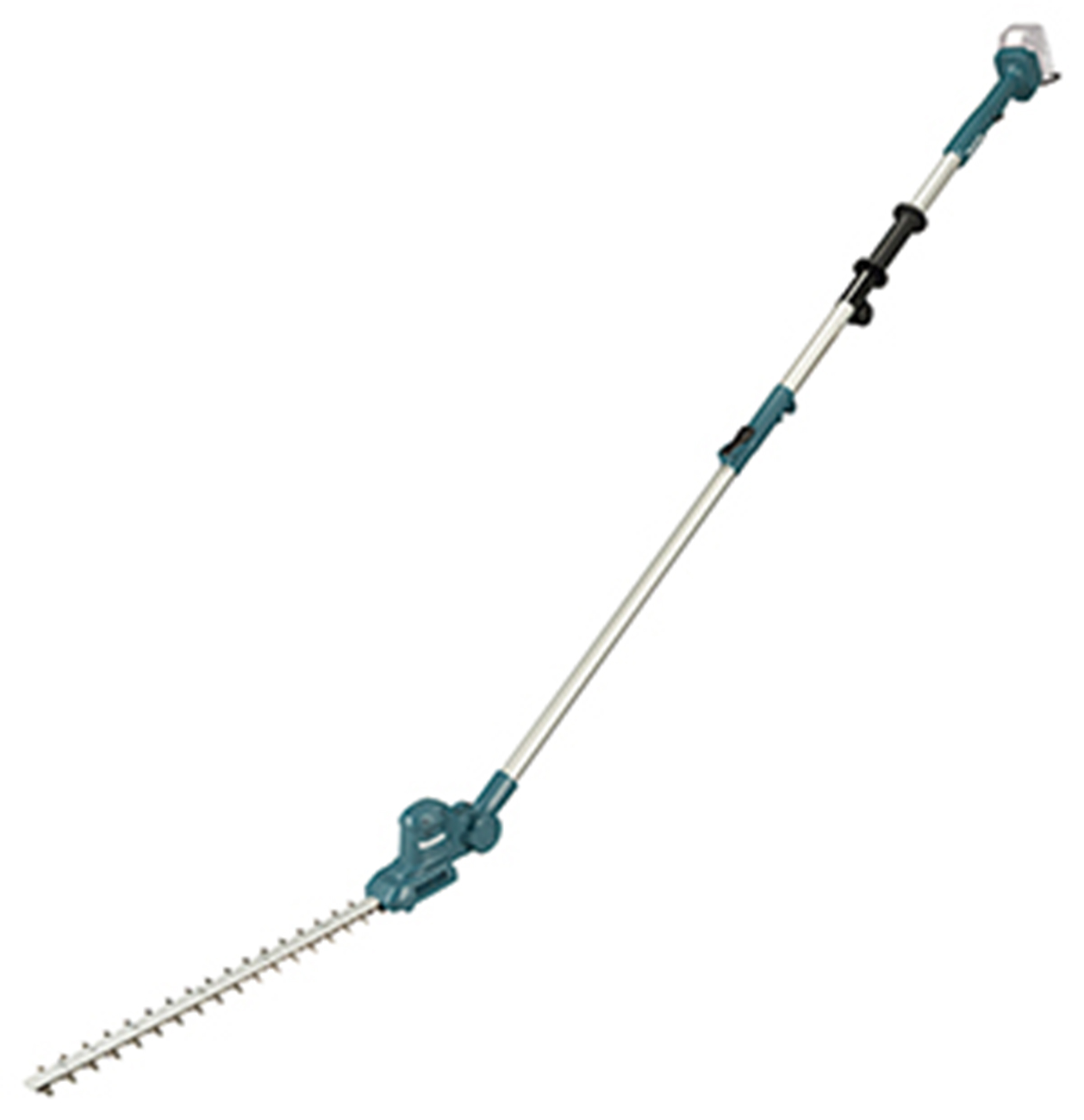 Ein langer Heckenschneider mit blauem Griff und silbernem Stiel.