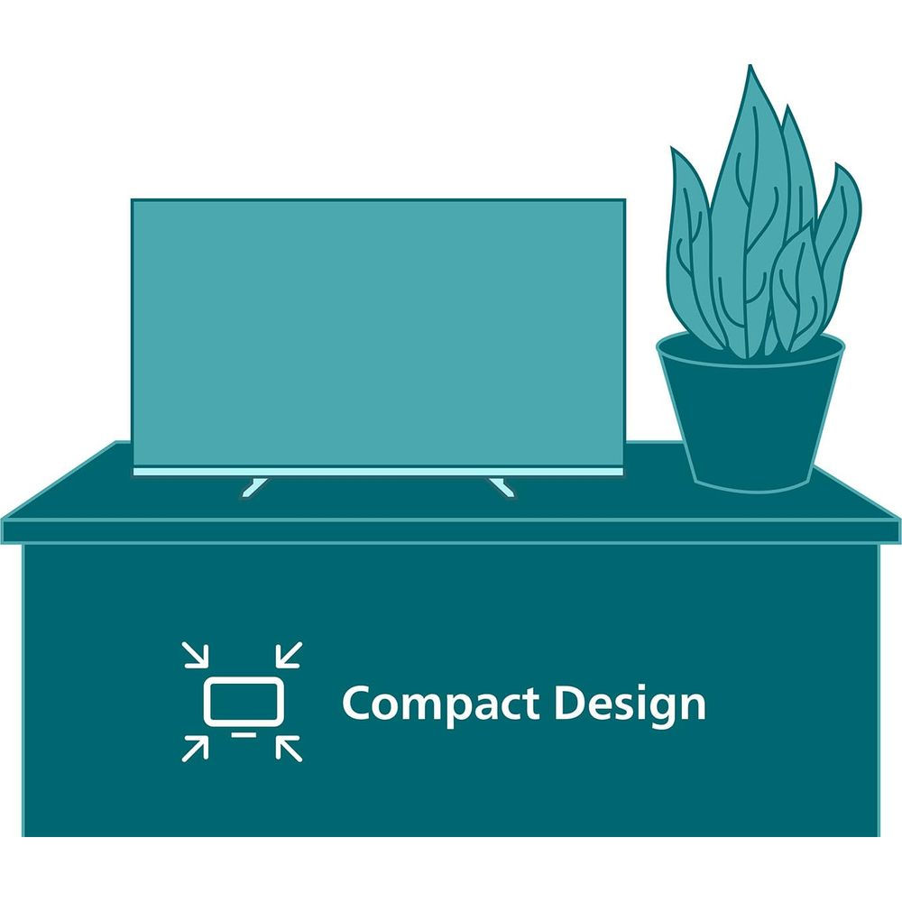 Telewizor stoi na stole obok rośliny doniczkowej. Kompaktowa konstrukcja.