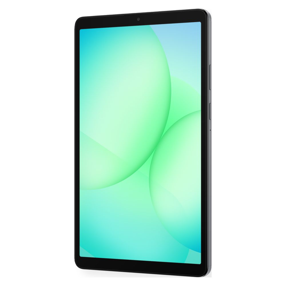 Un tablet grigio con uno sfondo blu e verde sullo schermo.