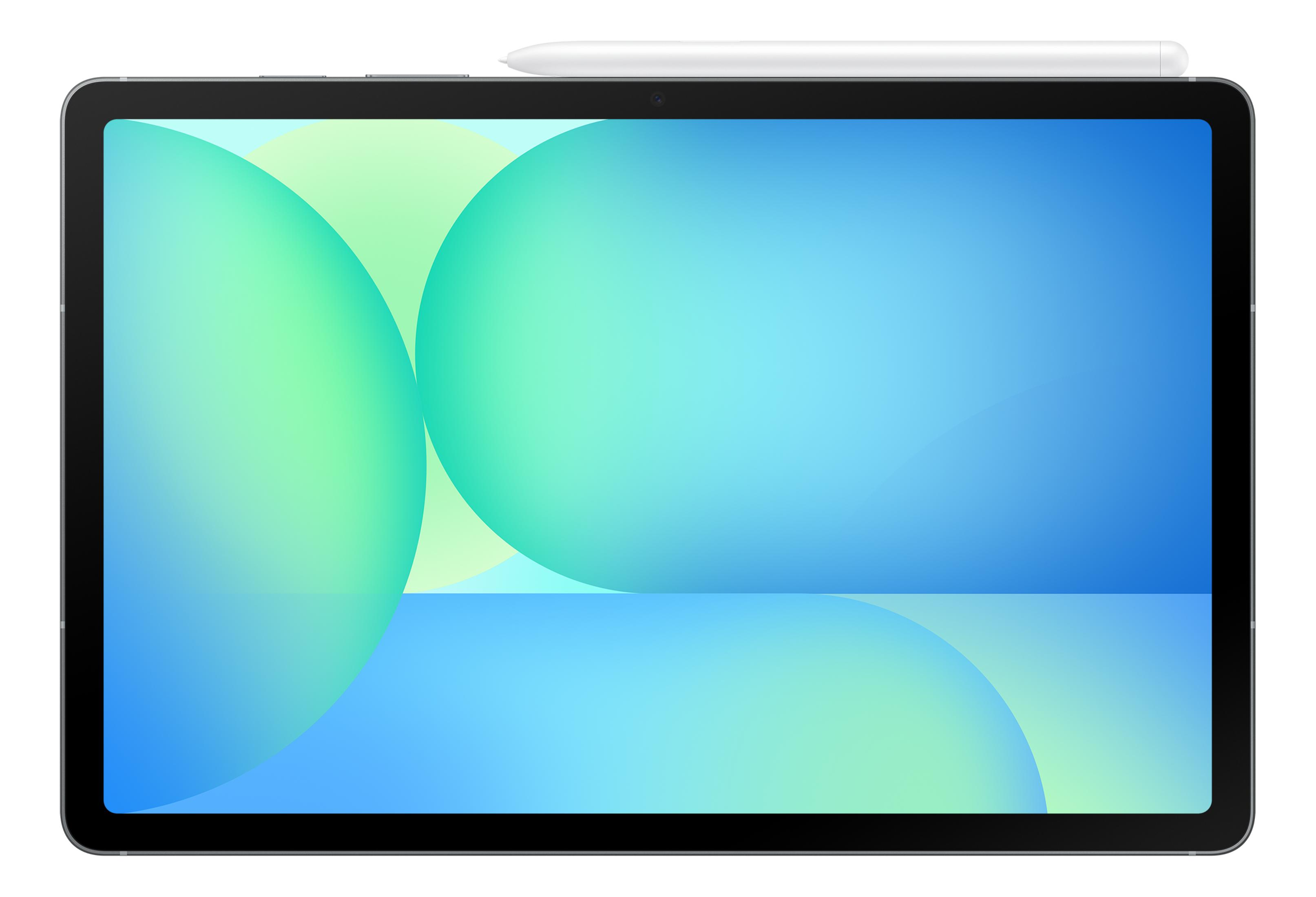 Tablet z rysikiem, pokazujący abstrakcyjne tło z niebieskich i zielonych kół.