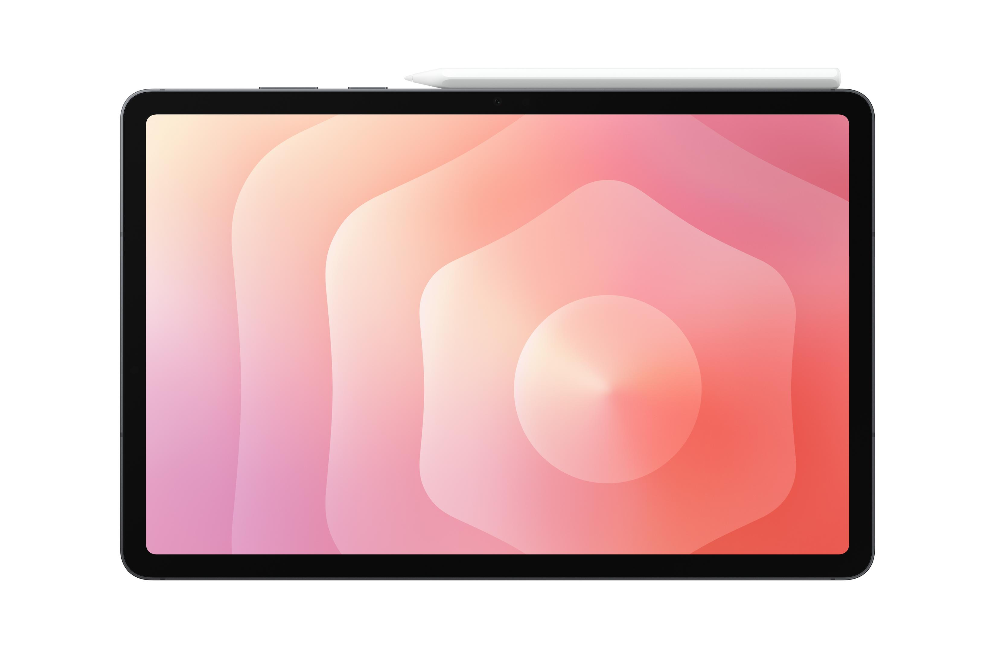 Tablet z białym rysikiem spoczywa na ekranie, wyświetlając abstrakcyjny wzór.