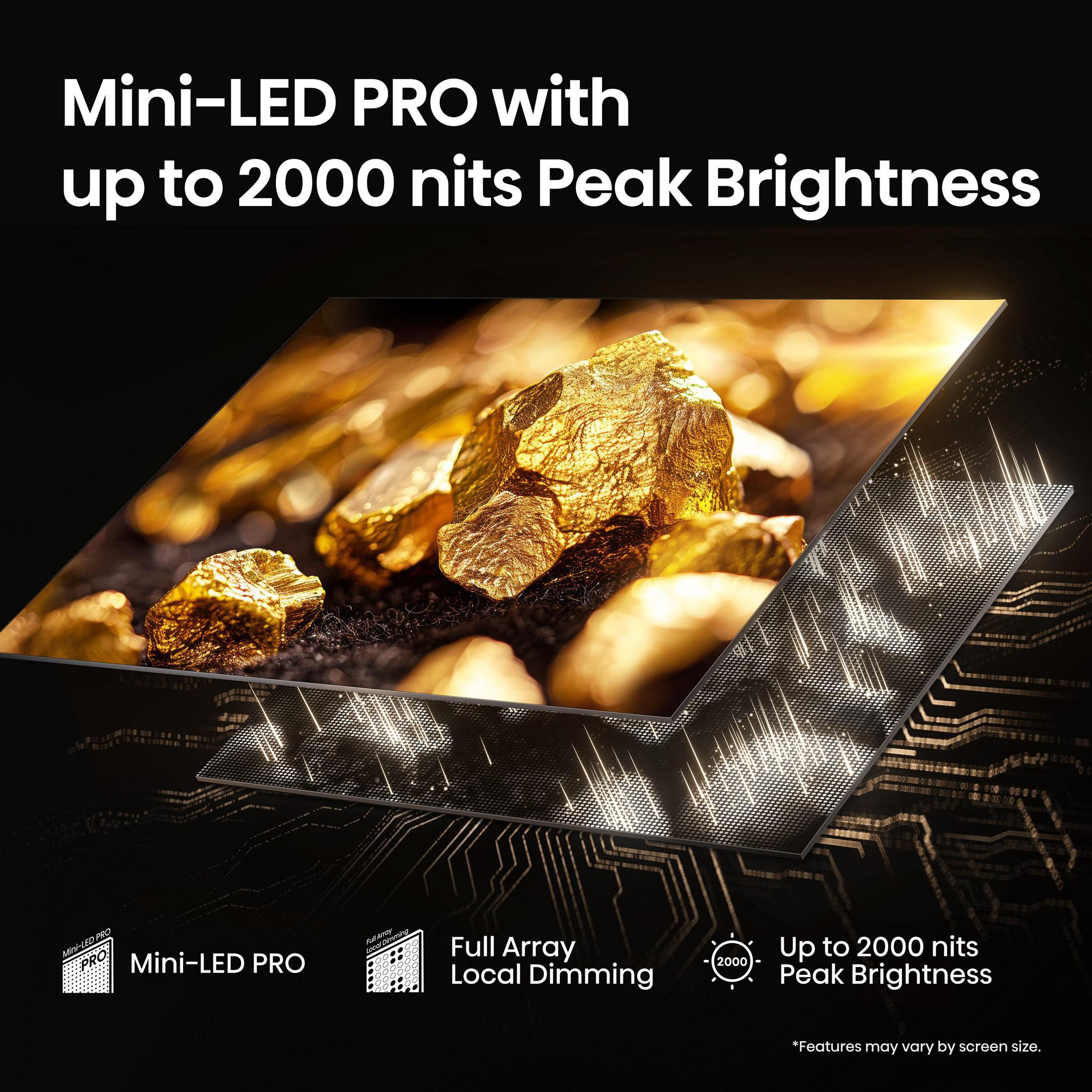 Mini-LED PRO z jasnością szczytową do 2000 nitów. Bryłki złota i obwody.