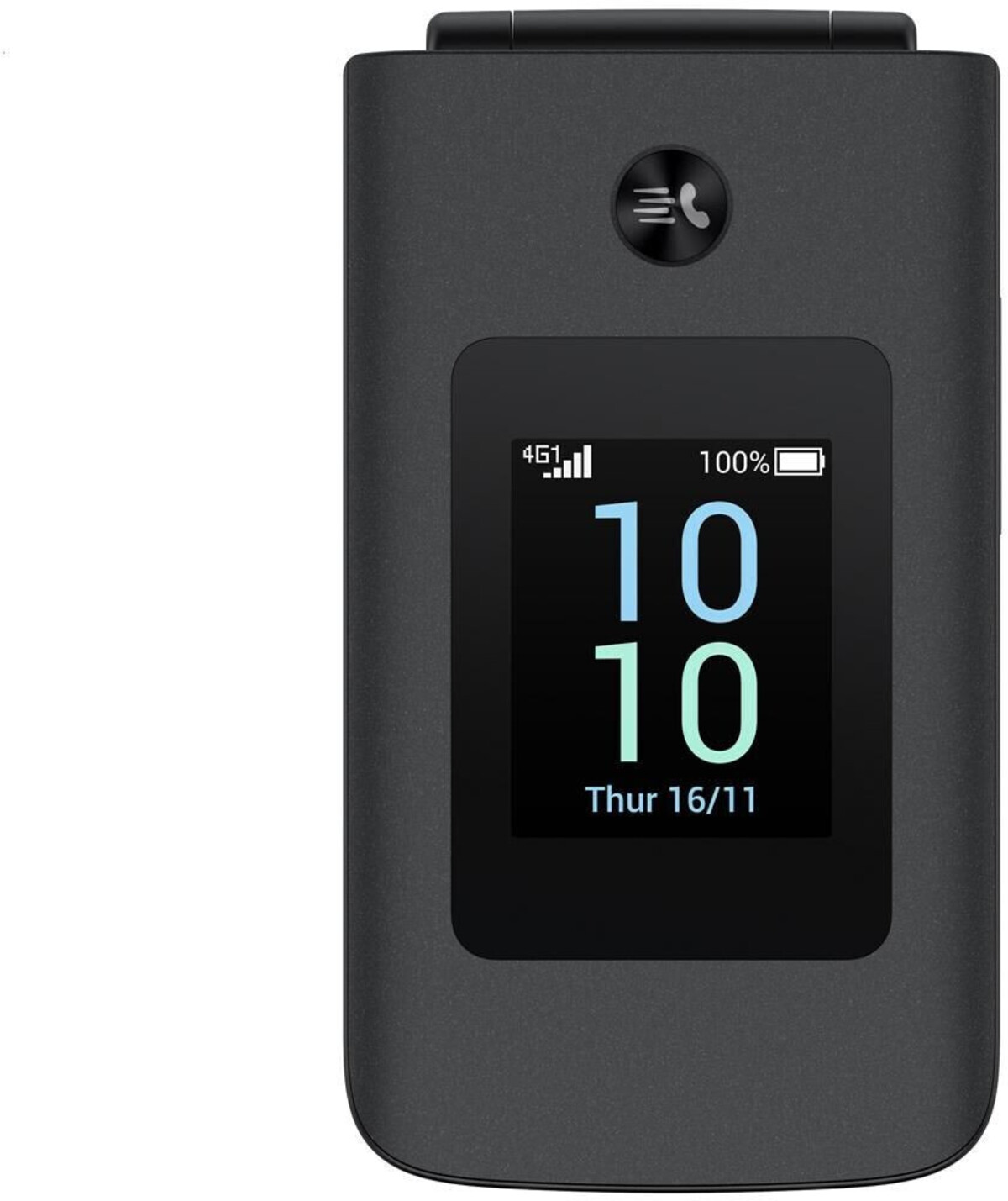 Geschlossenes dunkles Handy zeigt 4G, 100% Akku, 10:10 Uhr und Donnerstag 16/11.