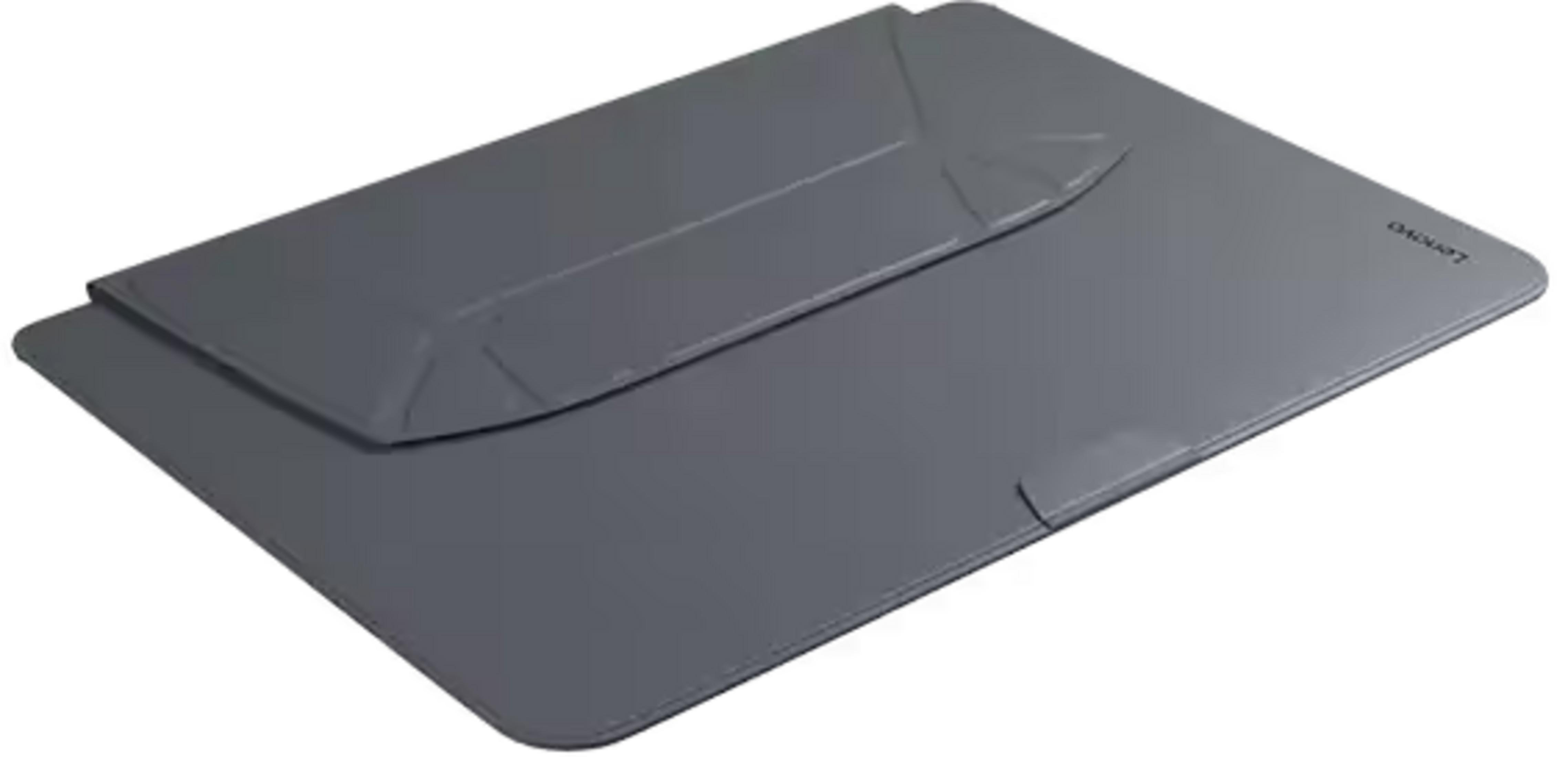 Szara torba na laptopa ze złożoną klapką i logo Lenovo.