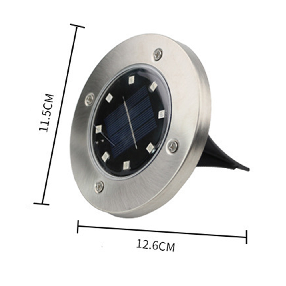 Eine runde Solarleuchte aus Edelstahl mit acht LEDs und einem Solarpanel.